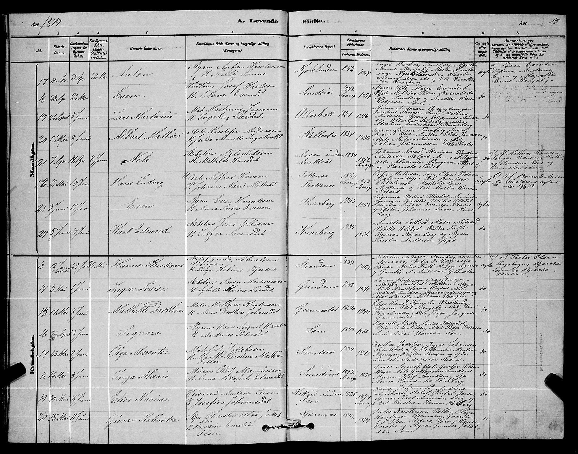 Nøtterøy kirkebøker, AV/SAKO-A-354/G/Ga/L0003: Klokkerbok nr. I 3, 1878-1893, s. 15
