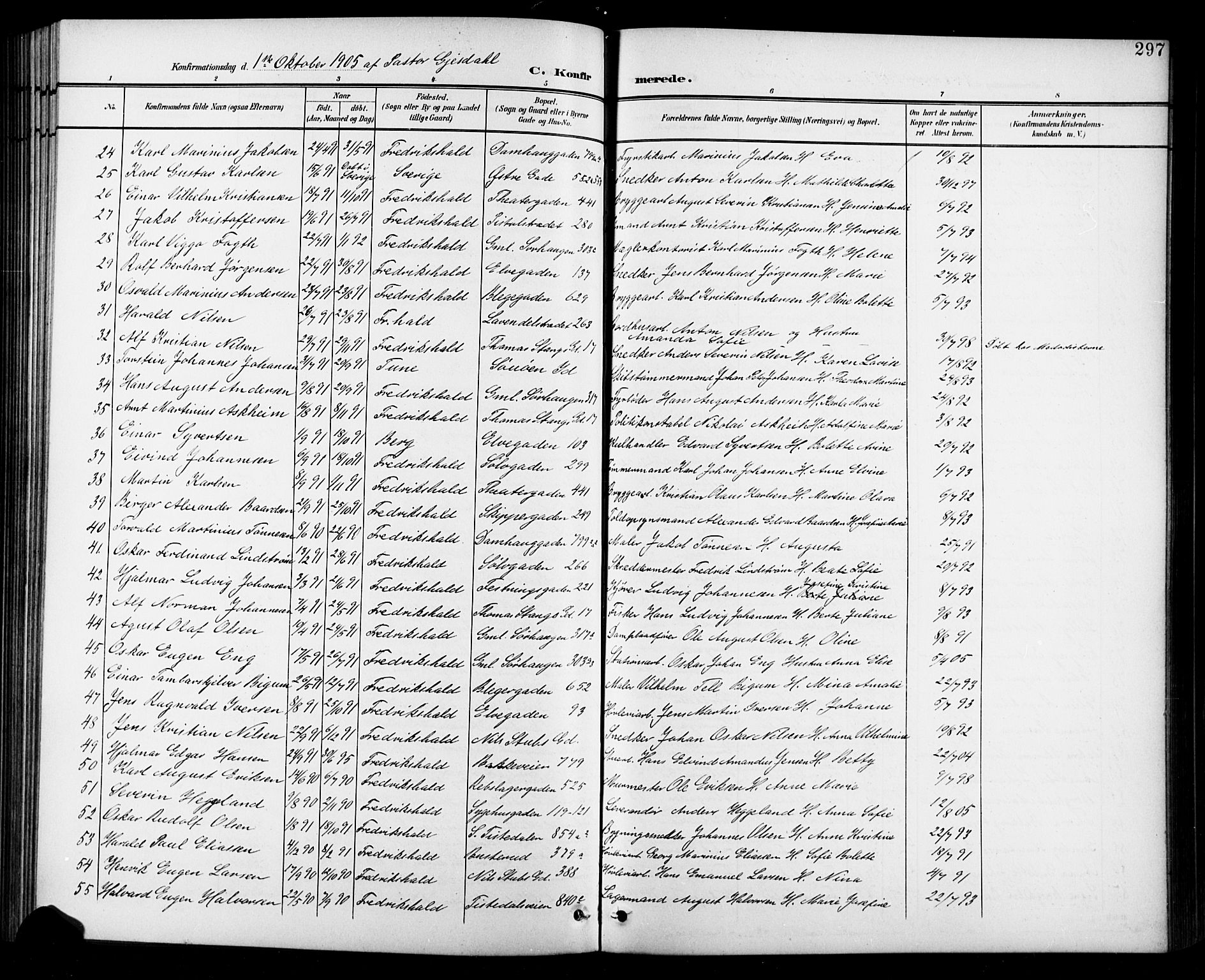 Halden prestekontor Kirkebøker, AV/SAO-A-10909/G/Ga/L0010: Klokkerbok nr. 10, 1900-1923, s. 297