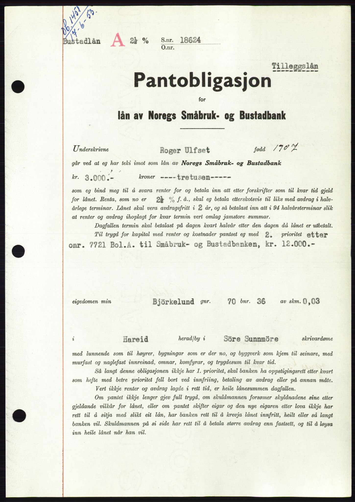 Søre Sunnmøre sorenskriveri, SAT/A-4122/1/2/2C/L0123: Pantebok nr. 11B, 1953-1953, Dagboknr: 1451/1953