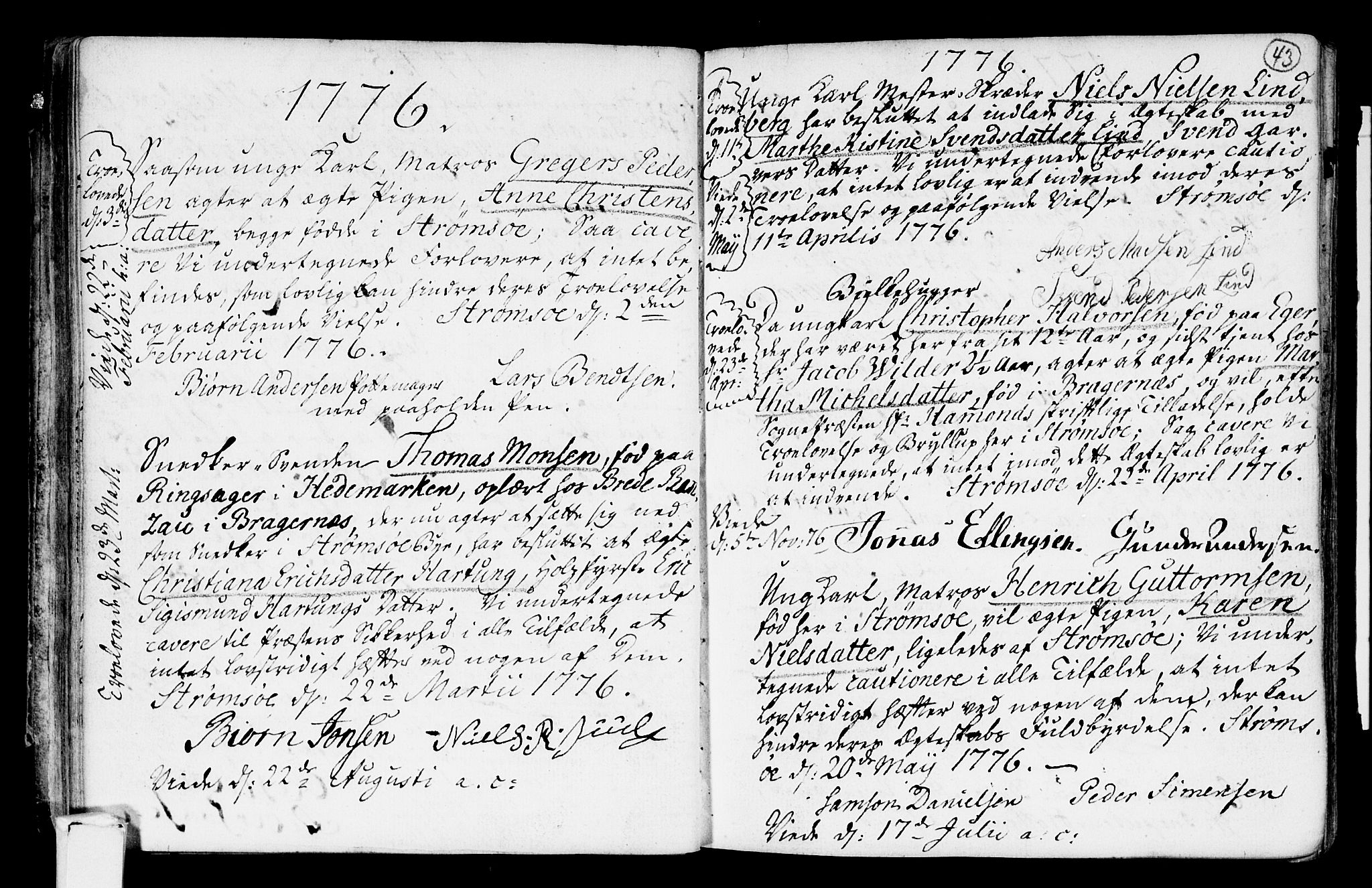 Strømsø kirkebøker, SAKO/A-246/H/Hb/L0001: Forlovererklæringer nr. 1, 1752-1815, s. 43