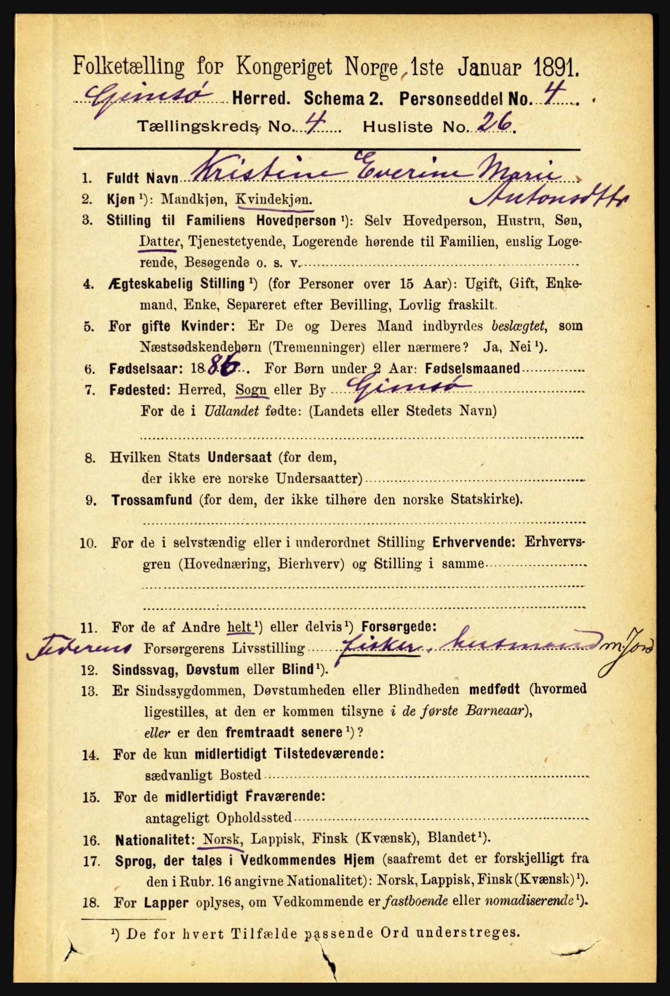 RA, Folketelling 1891 for 1864 Gimsøy herred, 1891, s. 804