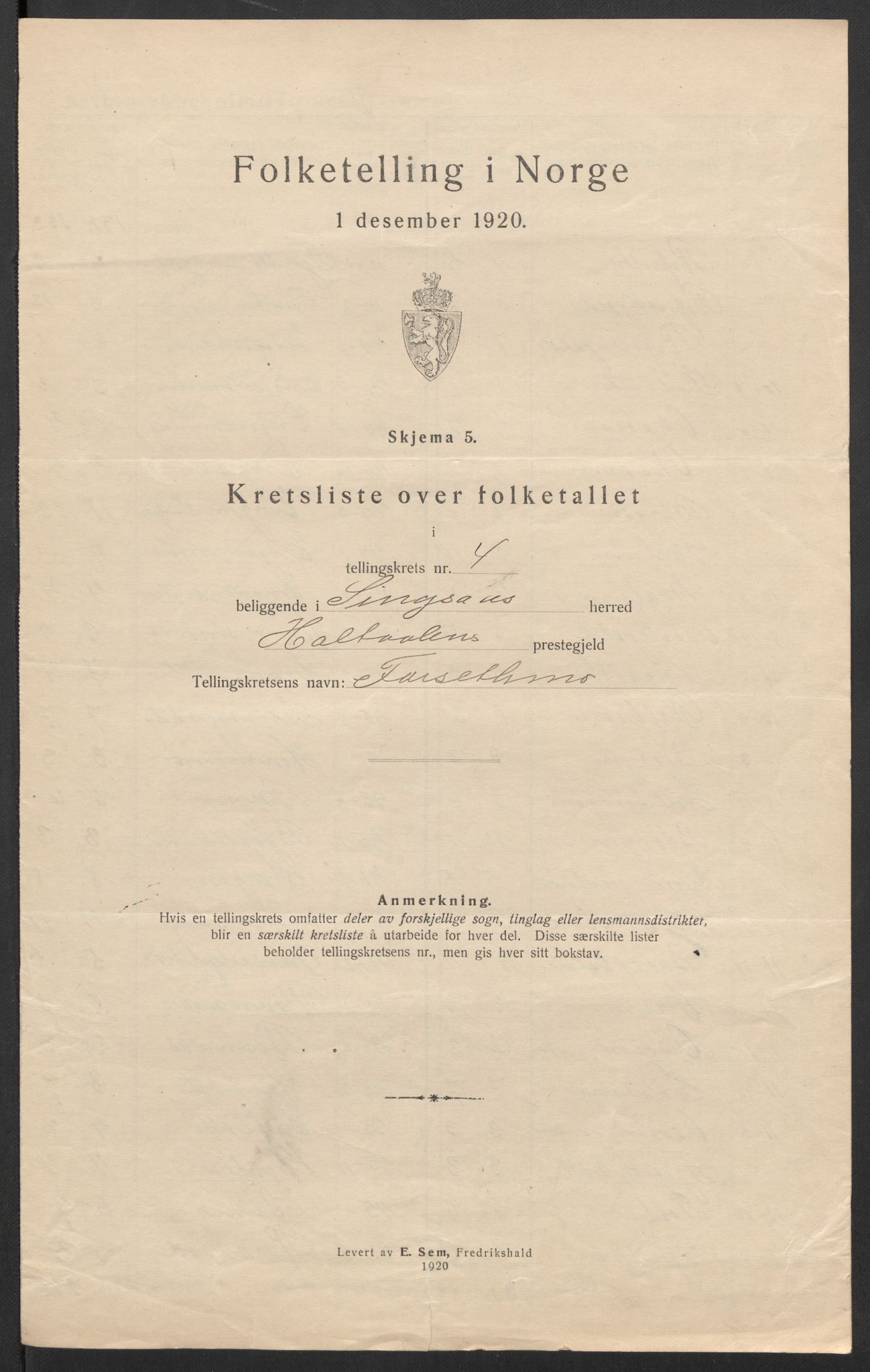 SAT, Folketelling 1920 for 1646 Singsås herred, 1920, s. 15