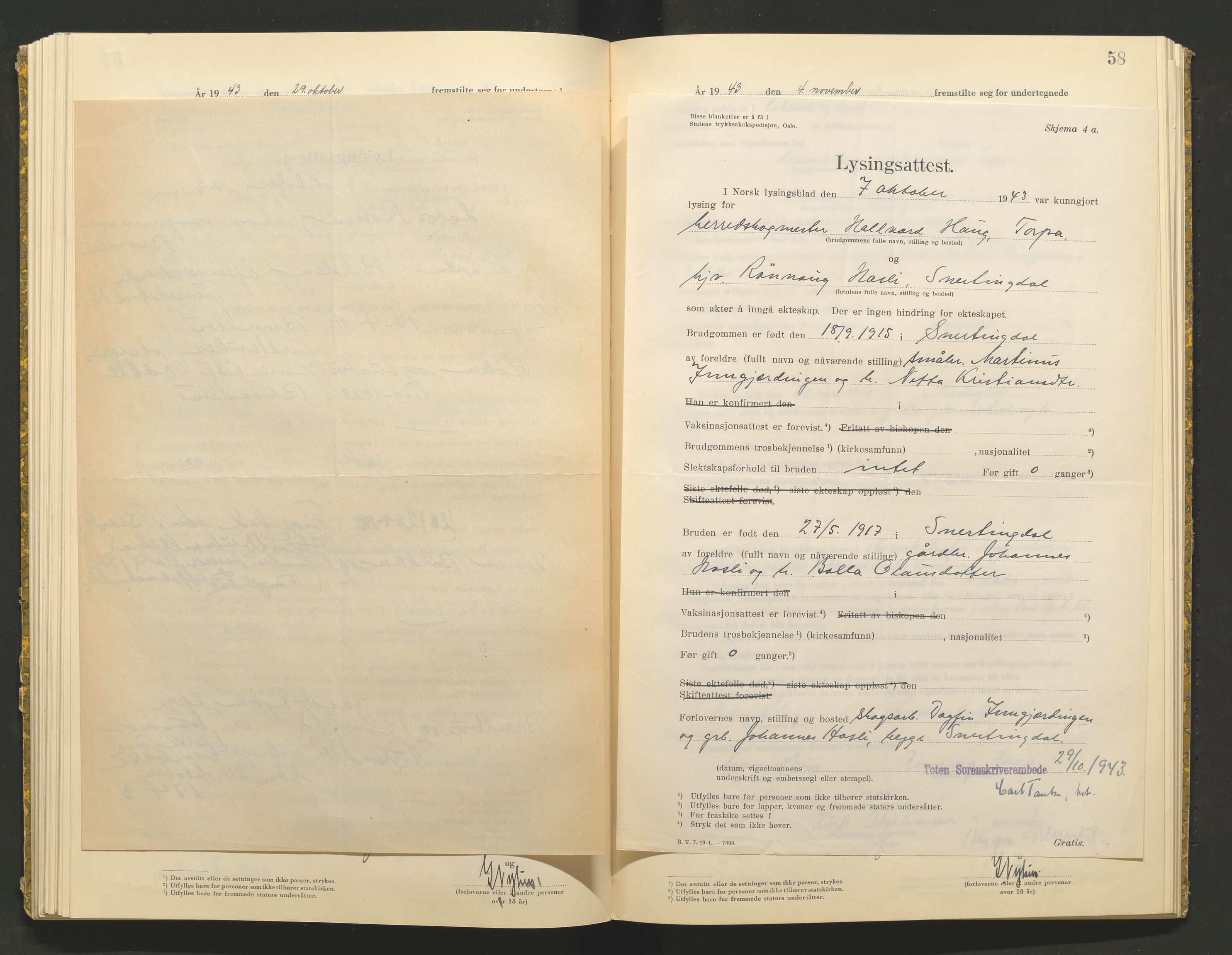 Hadeland og Land tingrett, AV/SAH-TING-010/L/Lb/L0002: Vigselbok, 1943-1944, s. 58