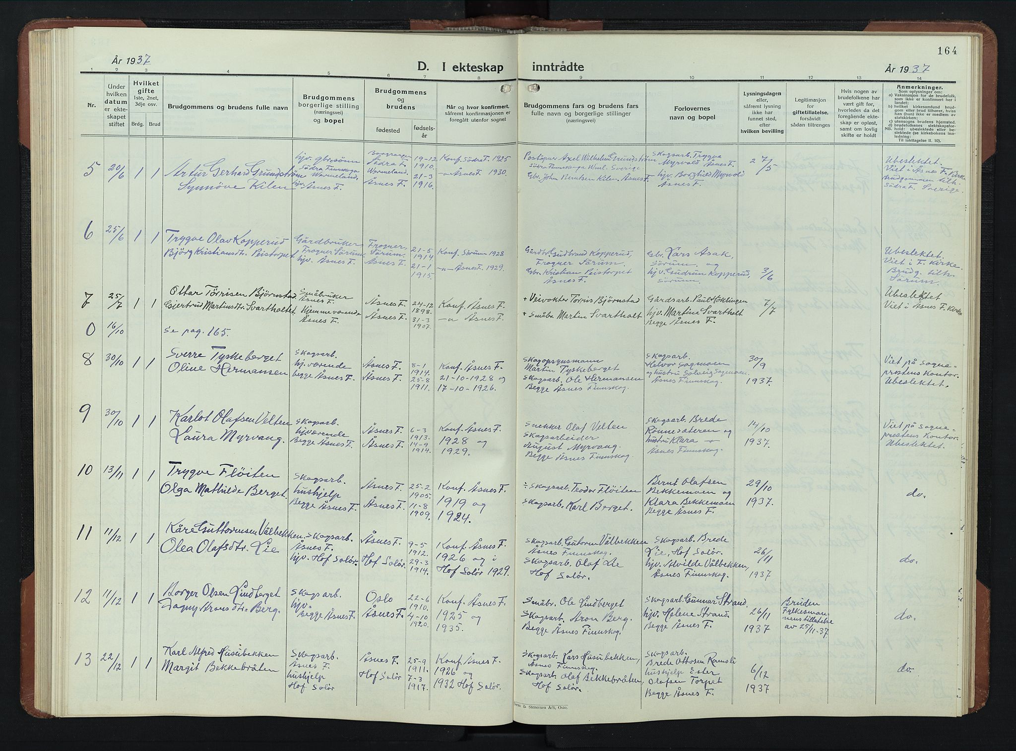 Åsnes prestekontor, AV/SAH-PREST-042/H/Ha/Hab/L0009: Klokkerbok nr. 9, 1930-1954, s. 164