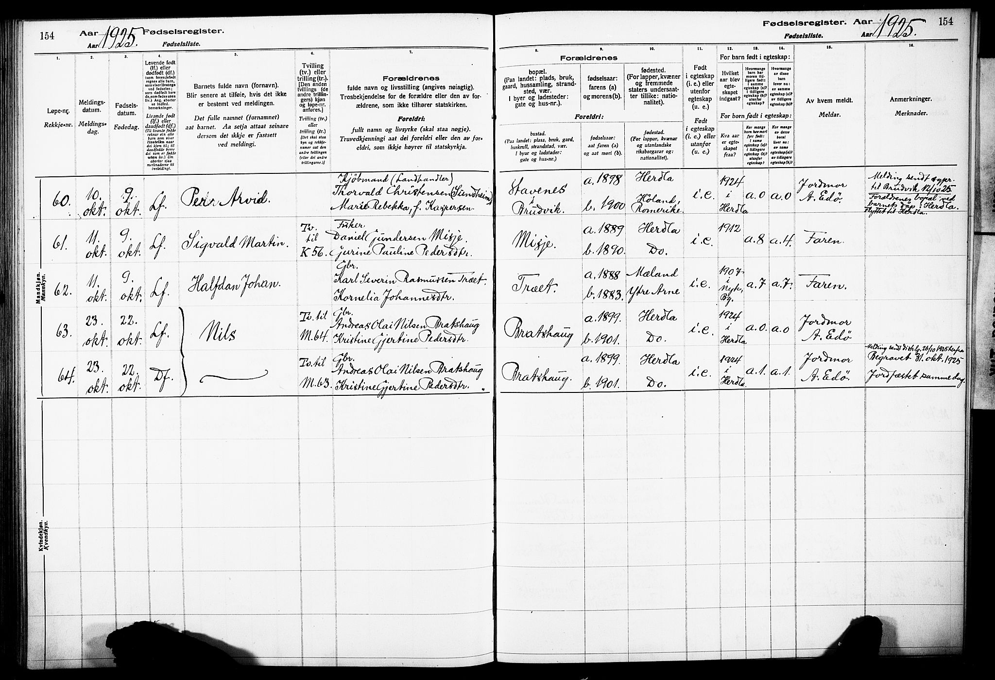 Herdla Sokneprestembete, AV/SAB-A-75701/I/Id/L00A1: Fødselsregister nr. A 1, 1916-1929, s. 154