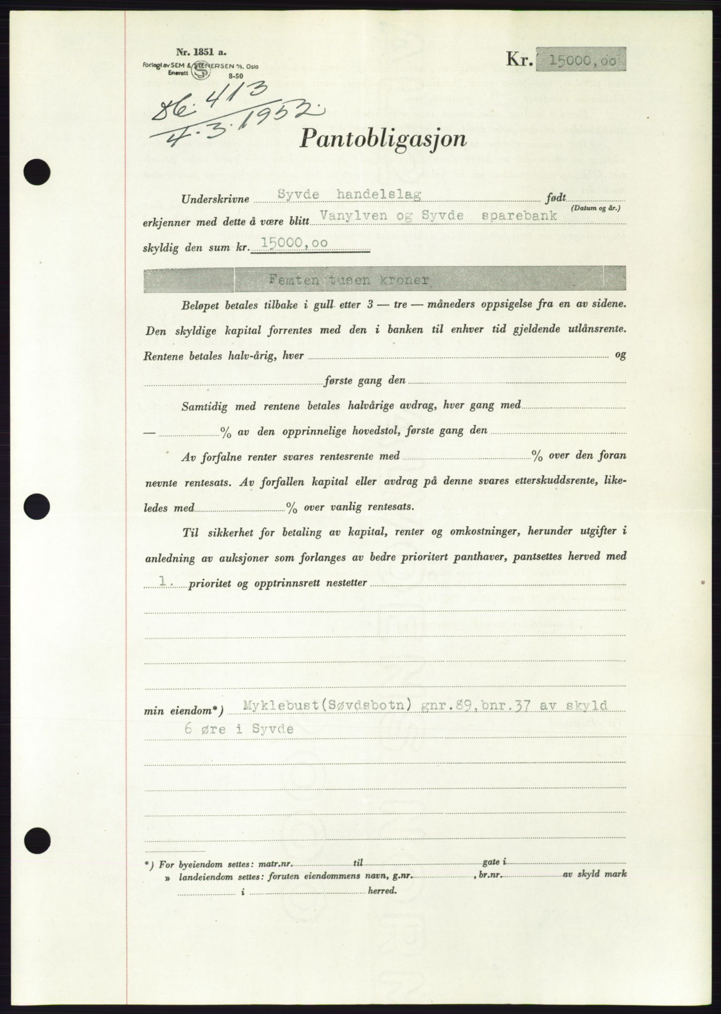 Søre Sunnmøre sorenskriveri, AV/SAT-A-4122/1/2/2C/L0121: Pantebok nr. 9B, 1951-1952, Dagboknr: 413/1952