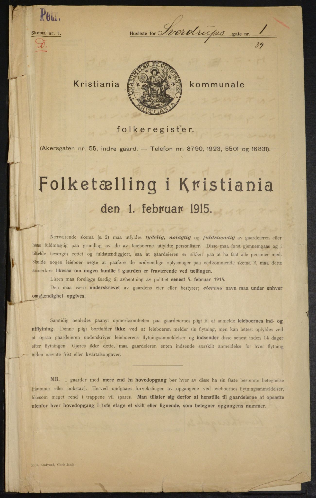 OBA, Kommunal folketelling 1.2.1915 for Kristiania, 1915, s. 105109