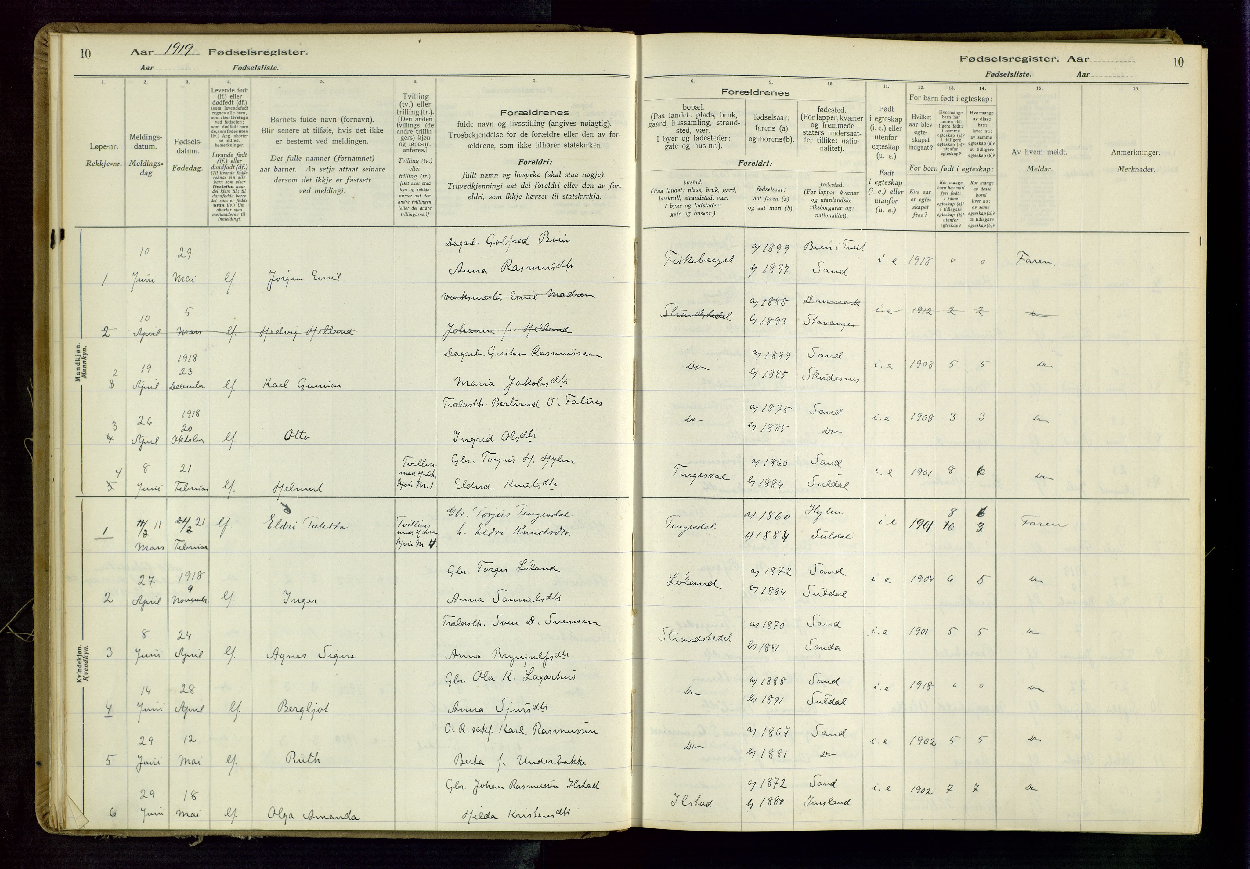 Suldal sokneprestkontor, AV/SAST-A-101845/03/A/L0001: Fødselsregister nr. 1, 1916-1982, s. 10