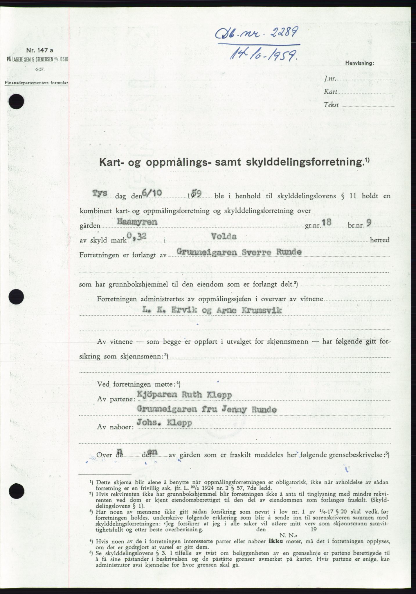 Søre Sunnmøre sorenskriveri, AV/SAT-A-4122/1/2/2C/L0113: Pantebok nr. 39A, 1959-1959, Dagboknr: 2289/1959