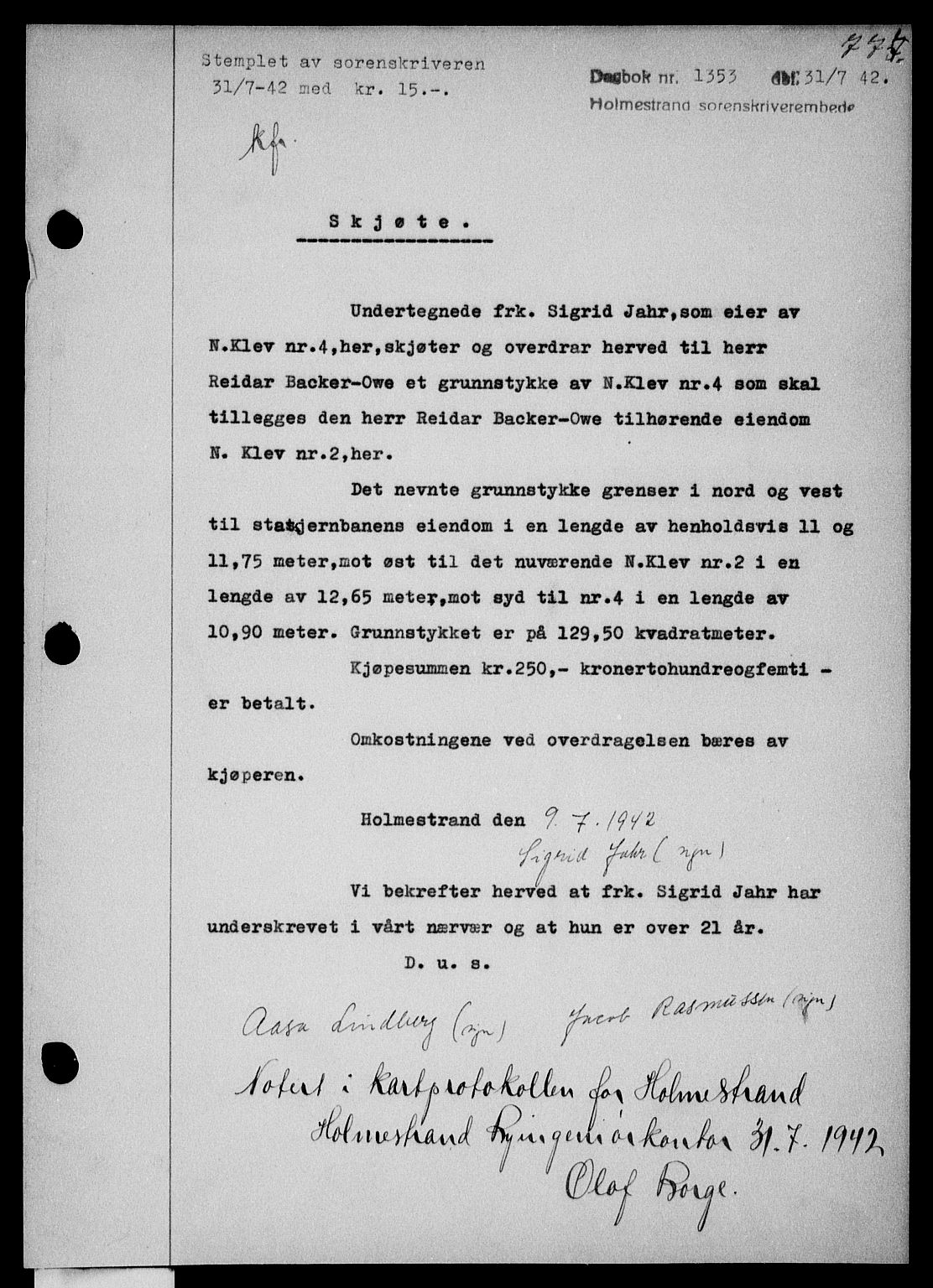 Holmestrand sorenskriveri, SAKO/A-67/G/Ga/Gaa/L0055: Pantebok nr. A-55, 1942-1942, Dagboknr: 1353/1942