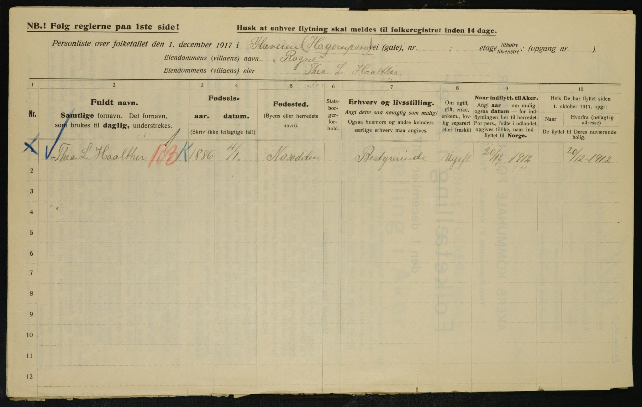 OBA, Kommunal folketelling 1.12.1917 for Aker, 1917, s. 23813