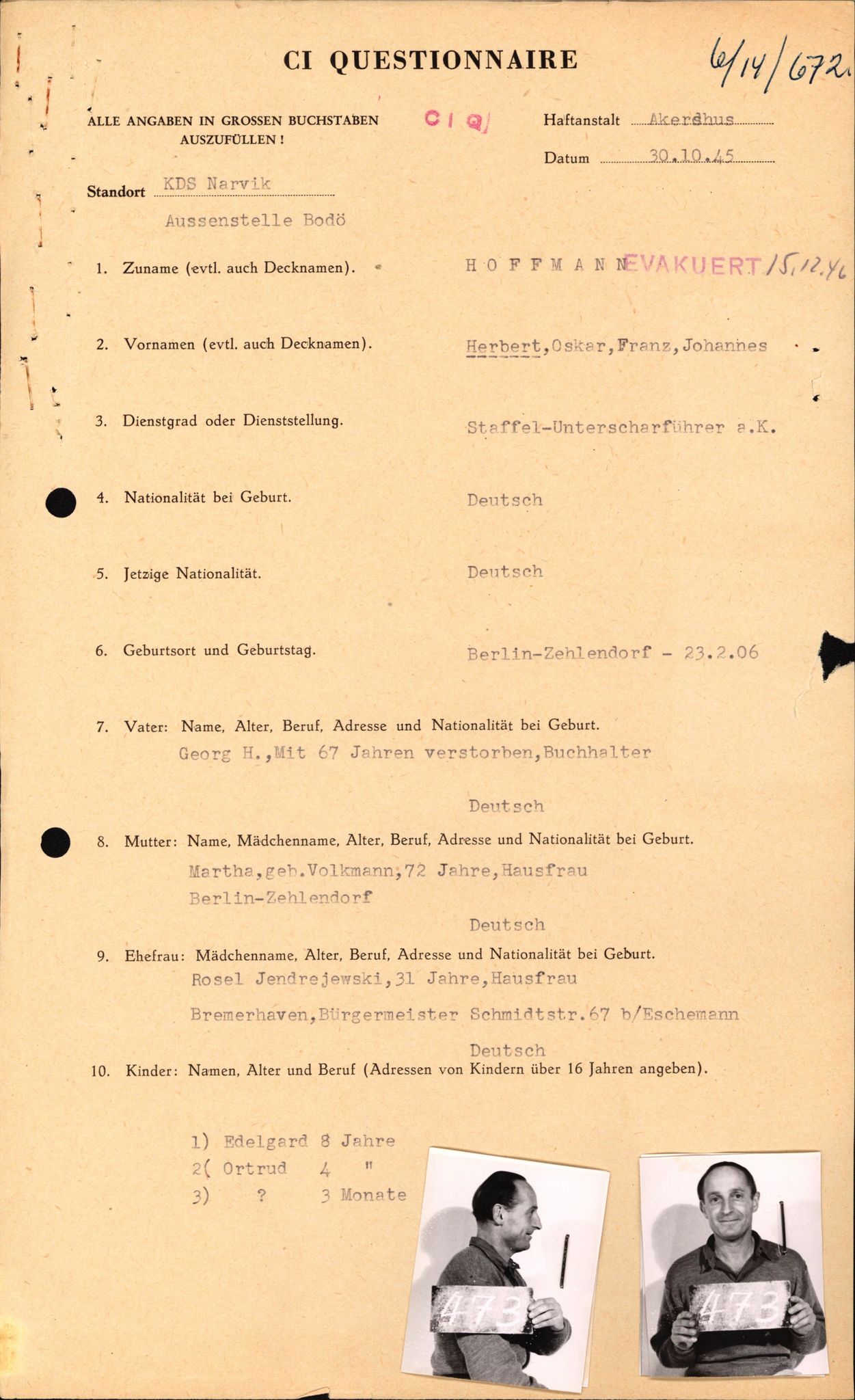 Forsvaret, Forsvarets overkommando II, AV/RA-RAFA-3915/D/Db/L0013: CI Questionaires. Tyske okkupasjonsstyrker i Norge. Tyskere., 1945-1946, s. 352