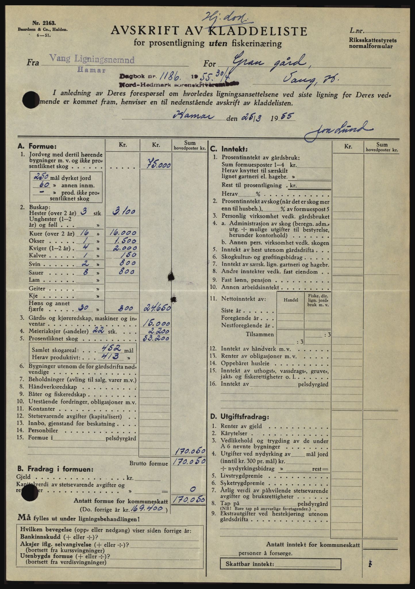 Nord-Hedmark sorenskriveri, SAH/TING-012/H/Hc/L0010: Pantebok nr. 10, 1955-1956, Dagboknr: 1186/1955