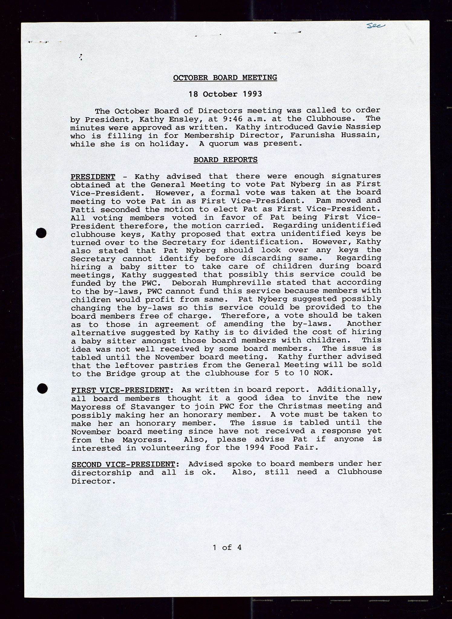 PA 1547 - Petroleum Wives Club, AV/SAST-A-101974/A/Aa/L0002: Board and General Meeting, 1986-1994