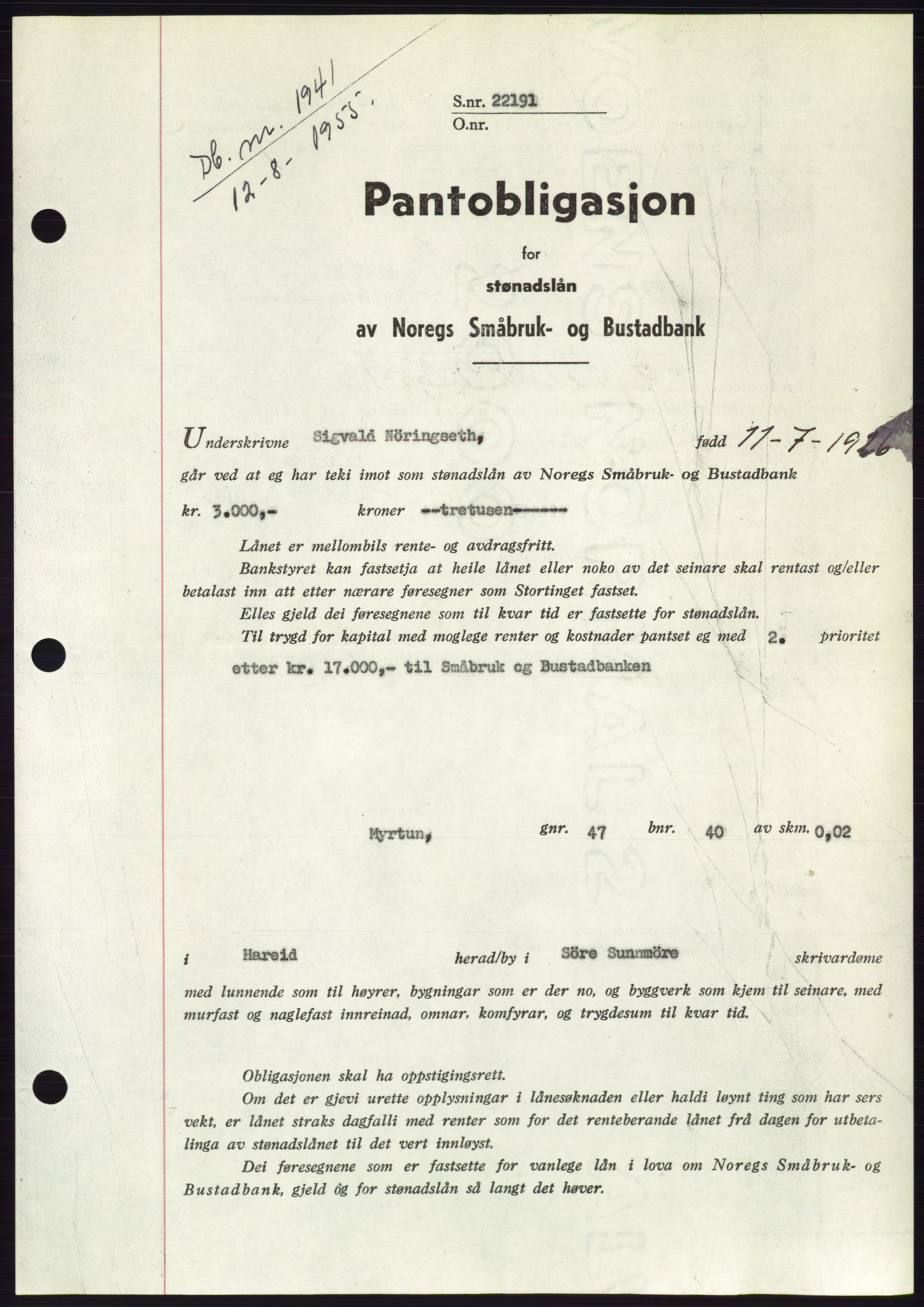 Søre Sunnmøre sorenskriveri, SAT/A-4122/1/2/2C/L0127: Pantebok nr. 15B, 1955-1955, Dagboknr: 1941/1955