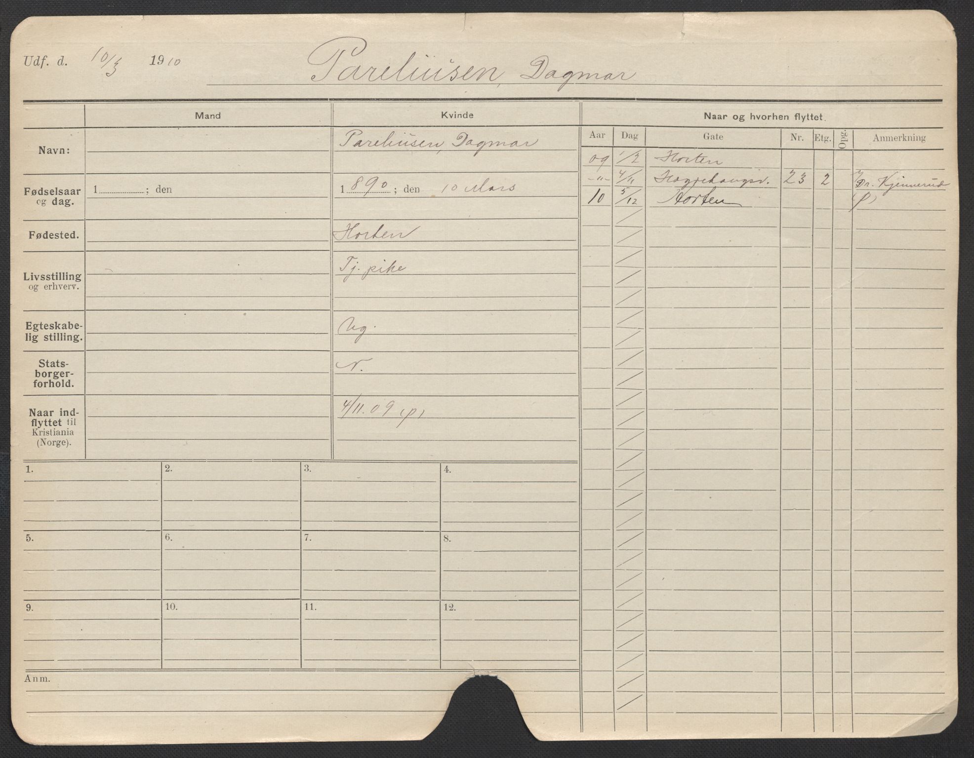 Oslo folkeregister, Registerkort, AV/SAO-A-11715/F/Fa/Fac/L0022: Kvinner, 1906-1914, s. 520a