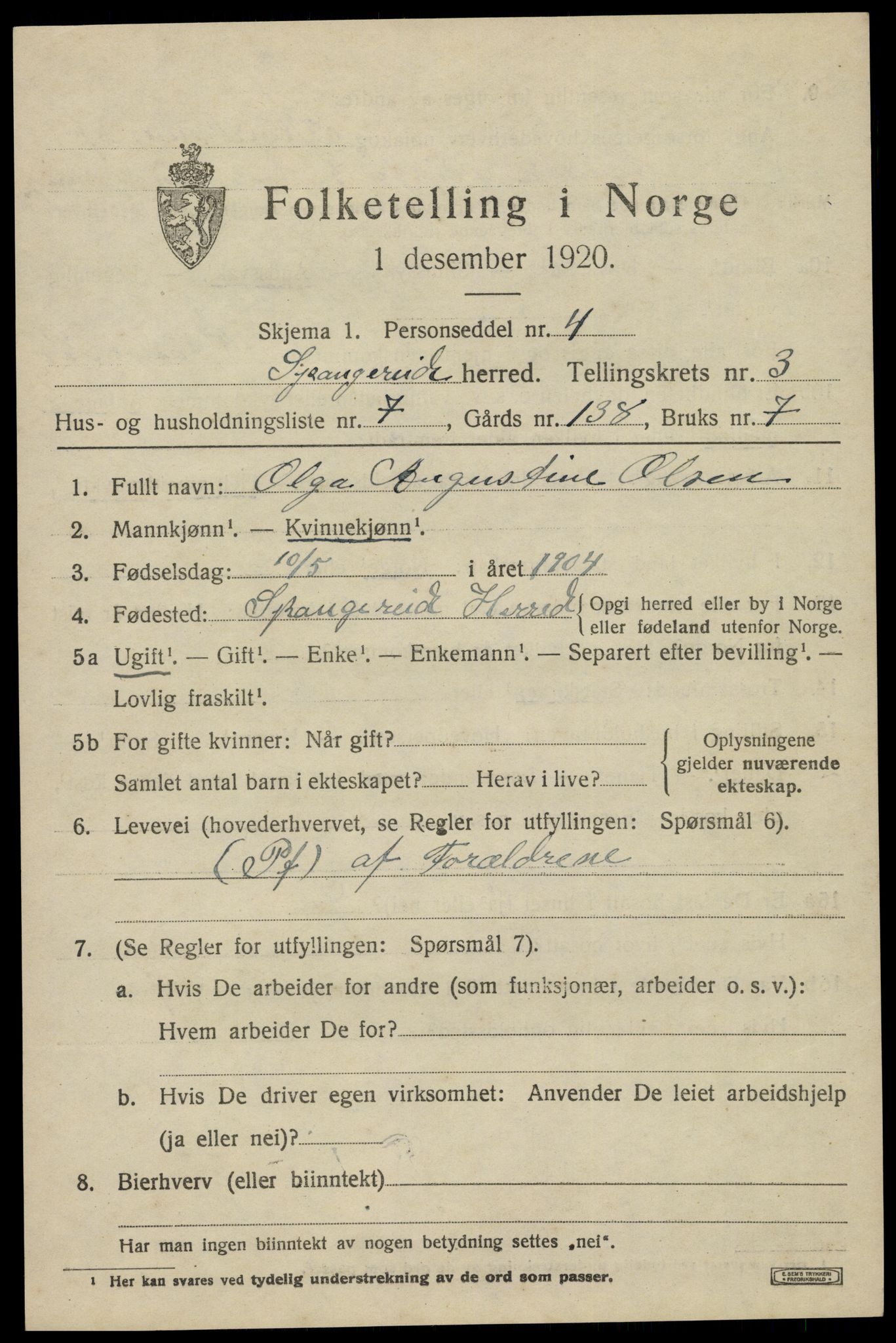 SAK, Folketelling 1920 for 1030 Spangereid herred, 1920, s. 1511