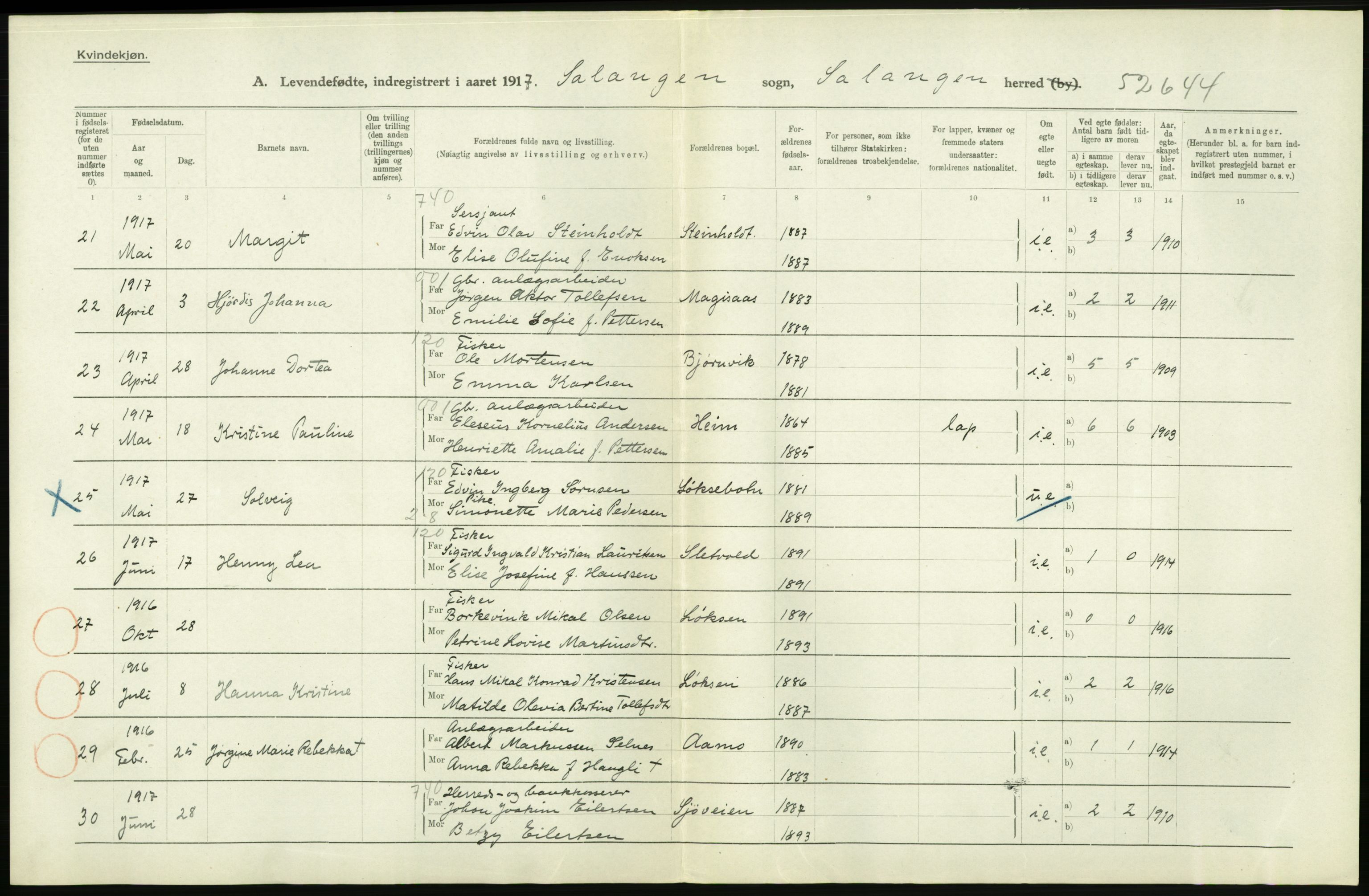 Statistisk sentralbyrå, Sosiodemografiske emner, Befolkning, AV/RA-S-2228/D/Df/Dfb/Dfbg/L0053: Tromsø amt: Levendefødte menn og kvinner. Bygder og byer., 1917, s. 510