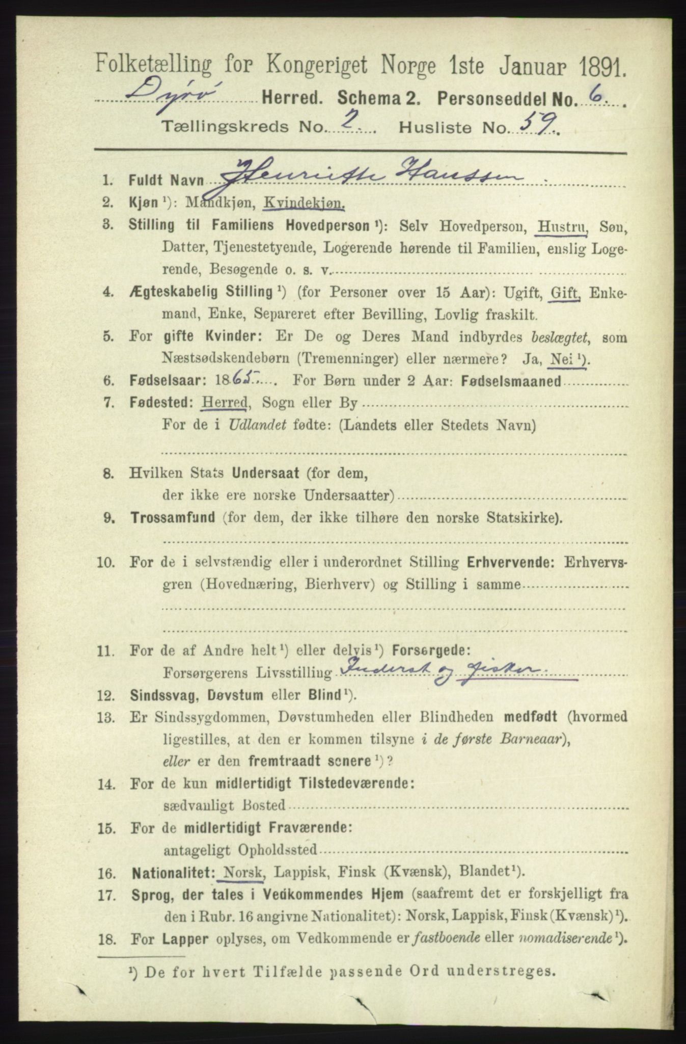 RA, Folketelling 1891 for 1926 Dyrøy herred, 1891, s. 966