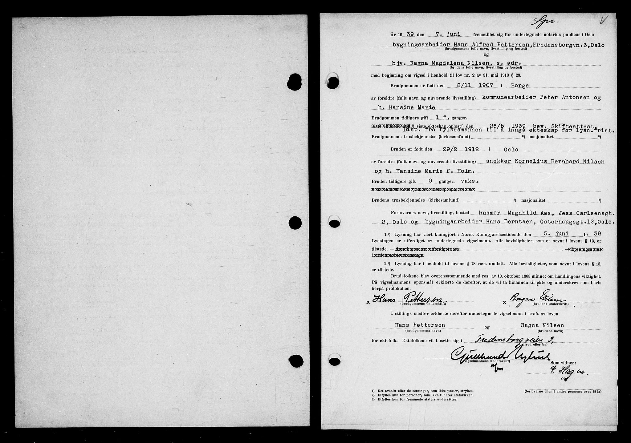 Oslo byfogd avd. I, AV/SAO-A-10220/L/Lb/Lbb/L0032: Notarialprotokoll, rekke II: Vigsler, 1939