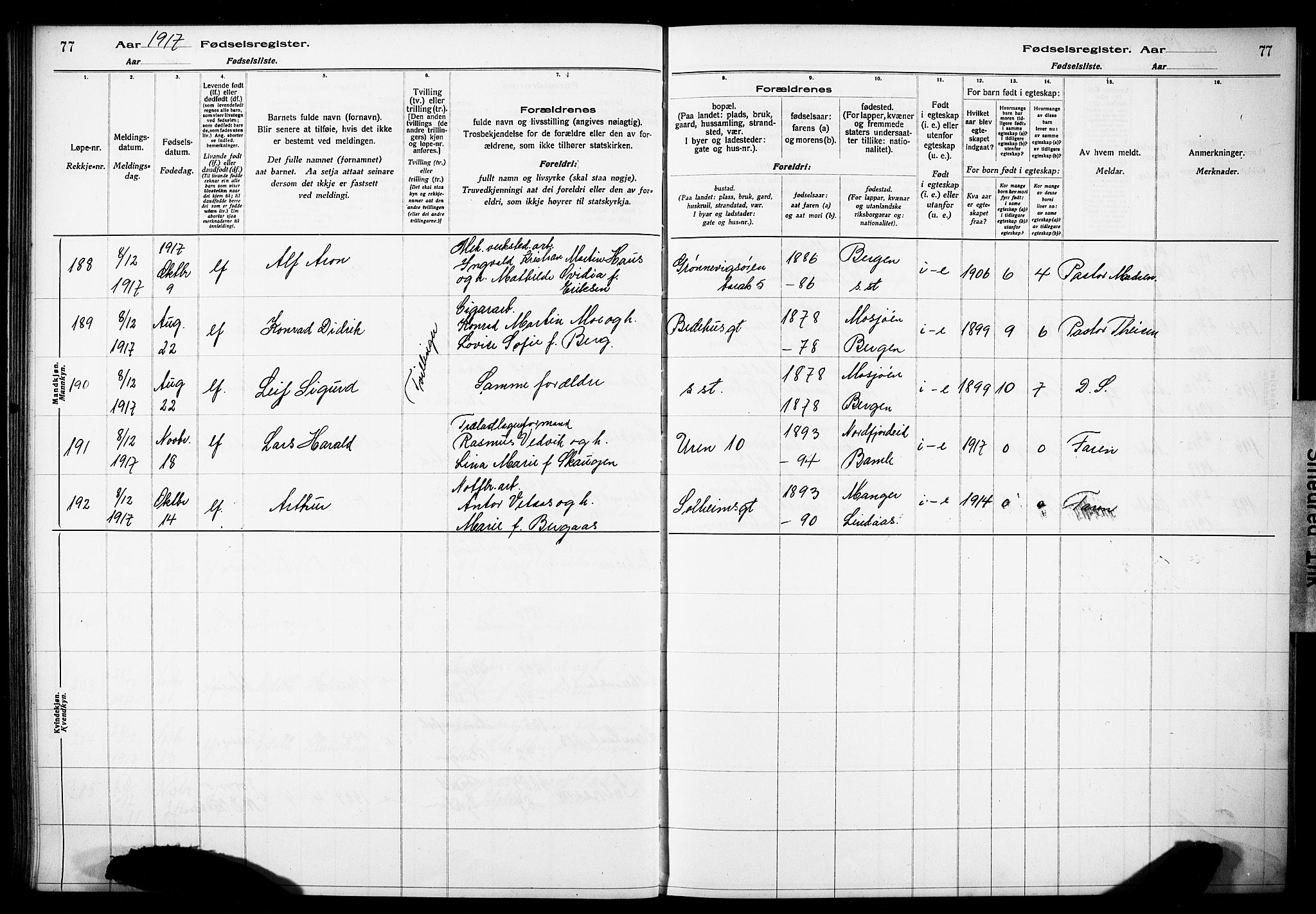 Årstad Sokneprestembete, AV/SAB-A-79301/I/Id/L0A01: Fødselsregister nr. A 1, 1916-1920, s. 77