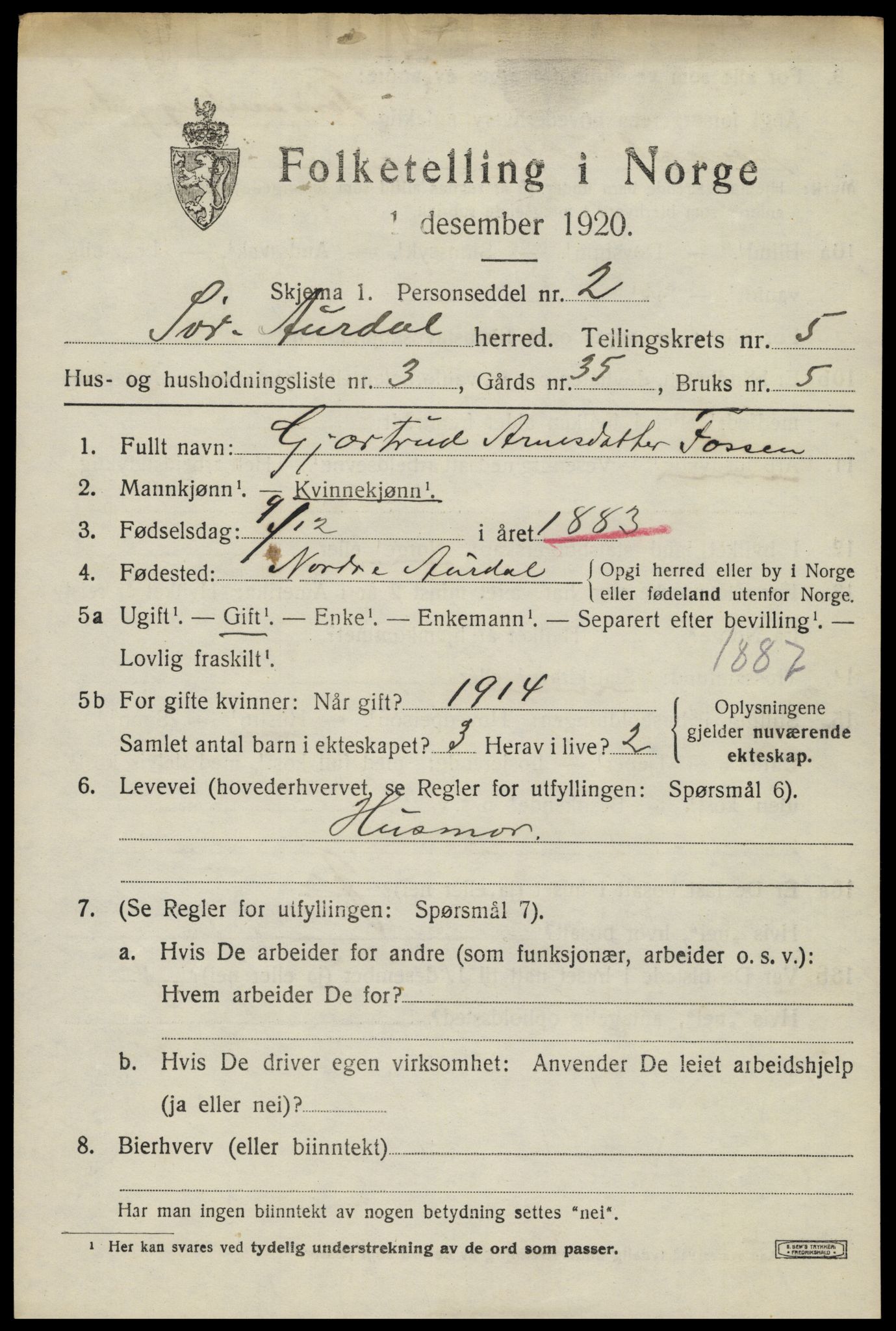 SAH, Folketelling 1920 for 0540 Sør-Aurdal herred, 1920, s. 2765