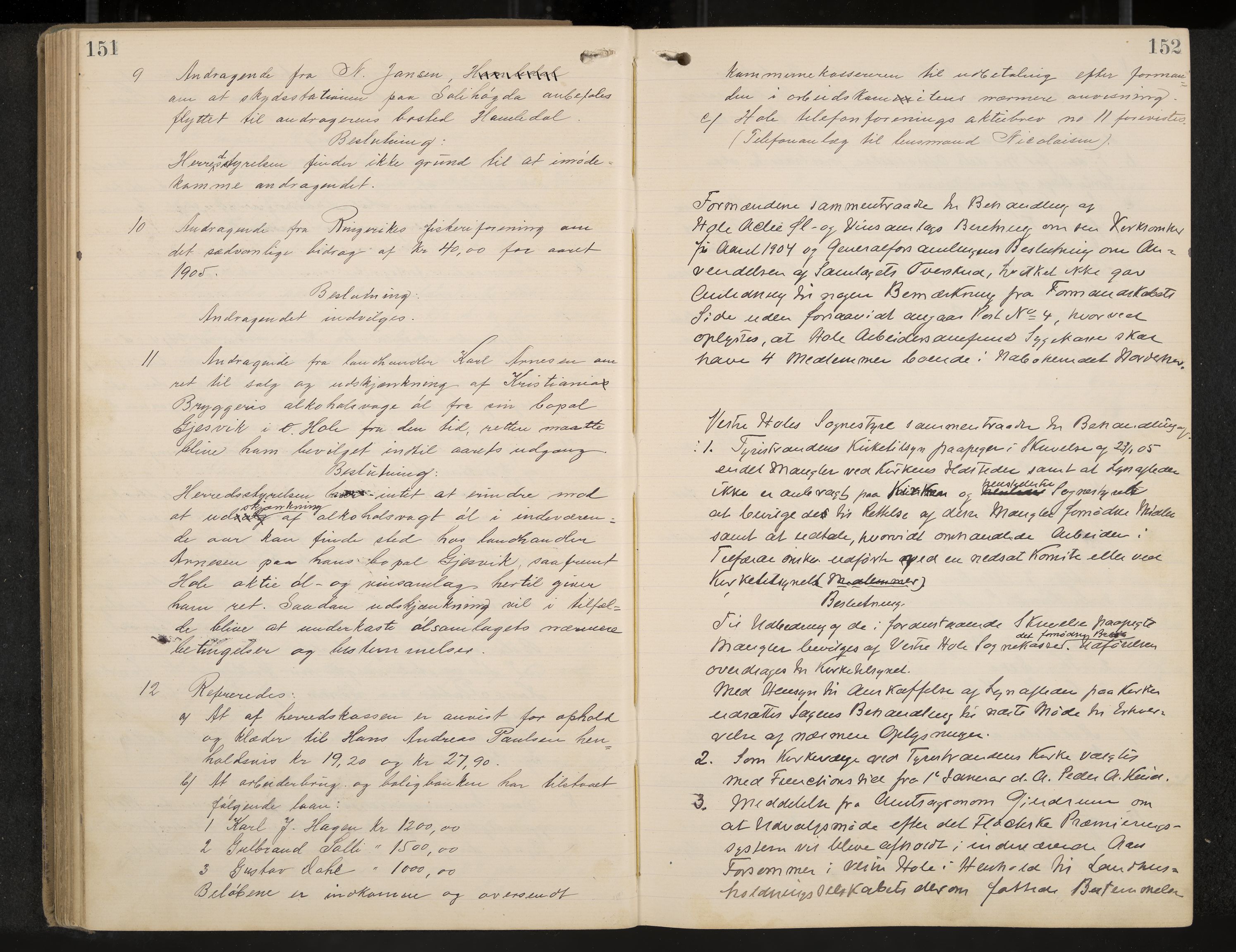 Hole formannskap og sentraladministrasjon, IKAK/0612021-1/A/Aa/L0004: Møtebok med register, 1902-1910, s. 151-152