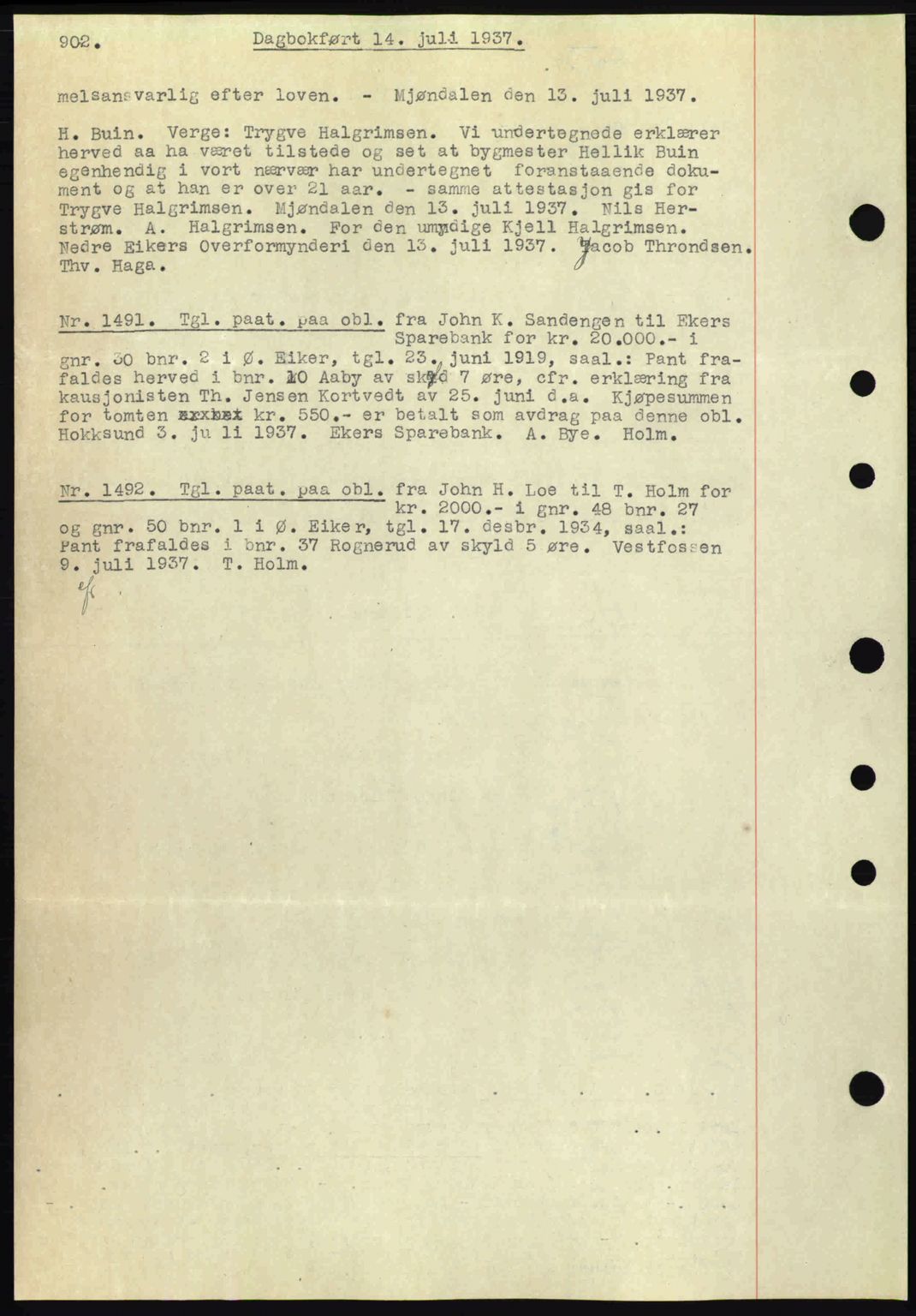 Eiker, Modum og Sigdal sorenskriveri, SAKO/A-123/G/Ga/Gab/L0035: Pantebok nr. A5, 1937-1937, Dagboknr: 1491/1937