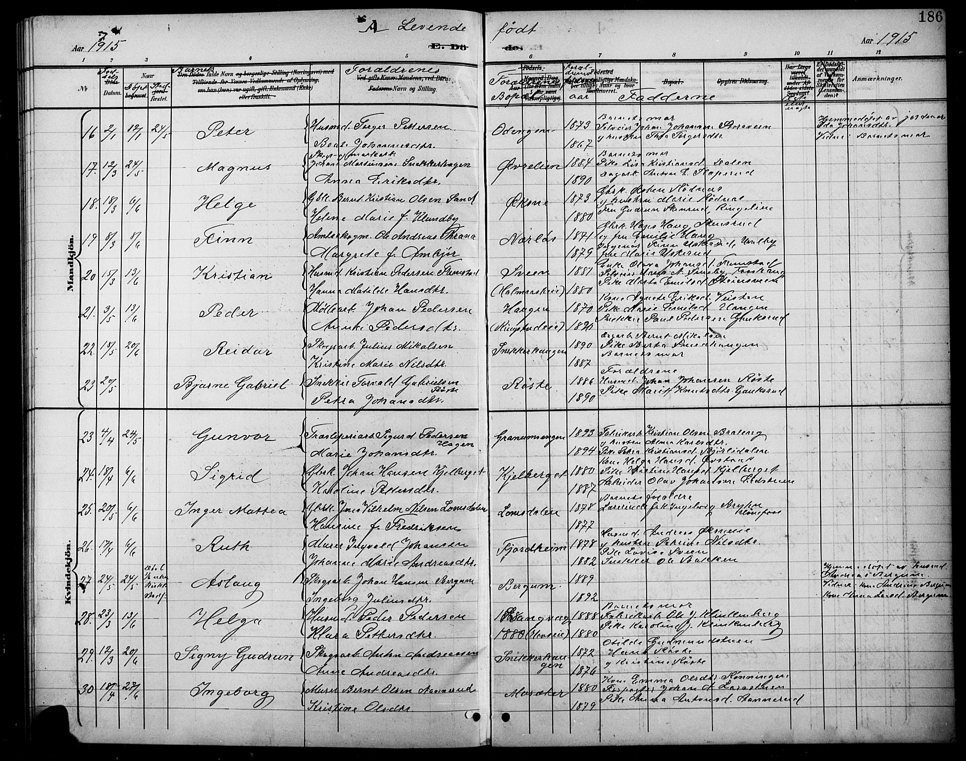 Søndre Land prestekontor, AV/SAH-PREST-122/L/L0004: Klokkerbok nr. 4, 1901-1915, s. 186