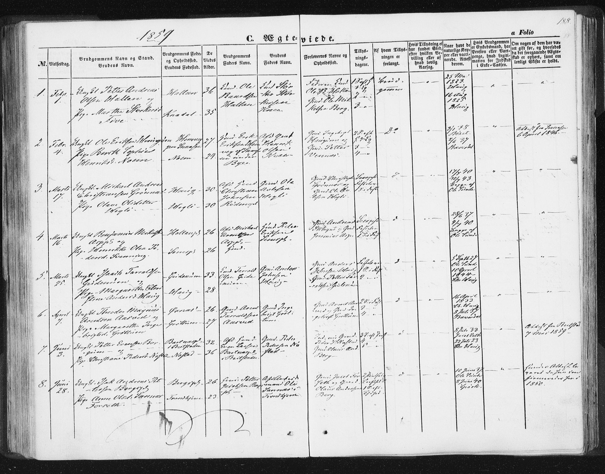 Ministerialprotokoller, klokkerbøker og fødselsregistre - Nord-Trøndelag, SAT/A-1458/746/L0446: Ministerialbok nr. 746A05, 1846-1859, s. 188