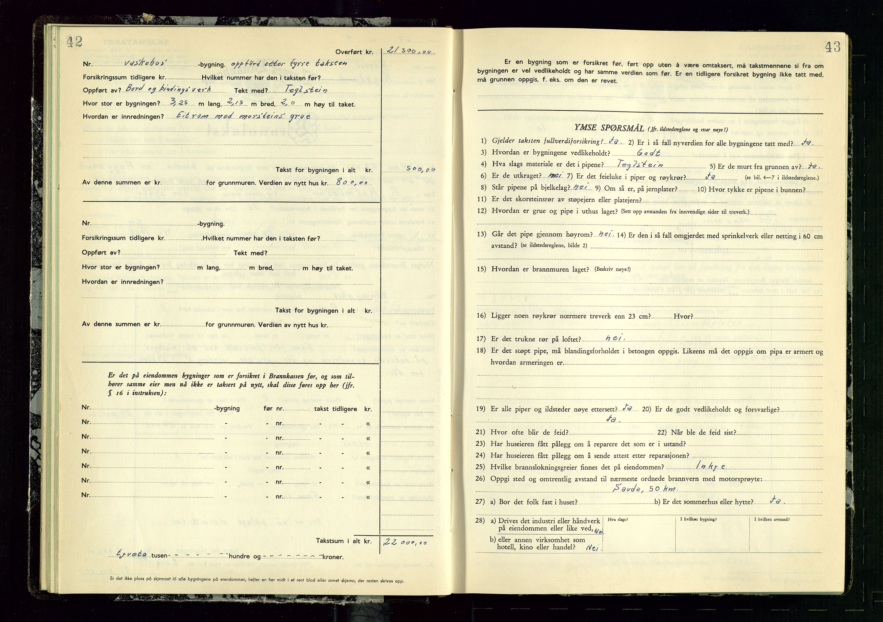 Vikedal lensmannskontor, AV/SAST-A-100179/Gob/L0006: Branntakstprotokoll, 1952-1956, s. 42-43