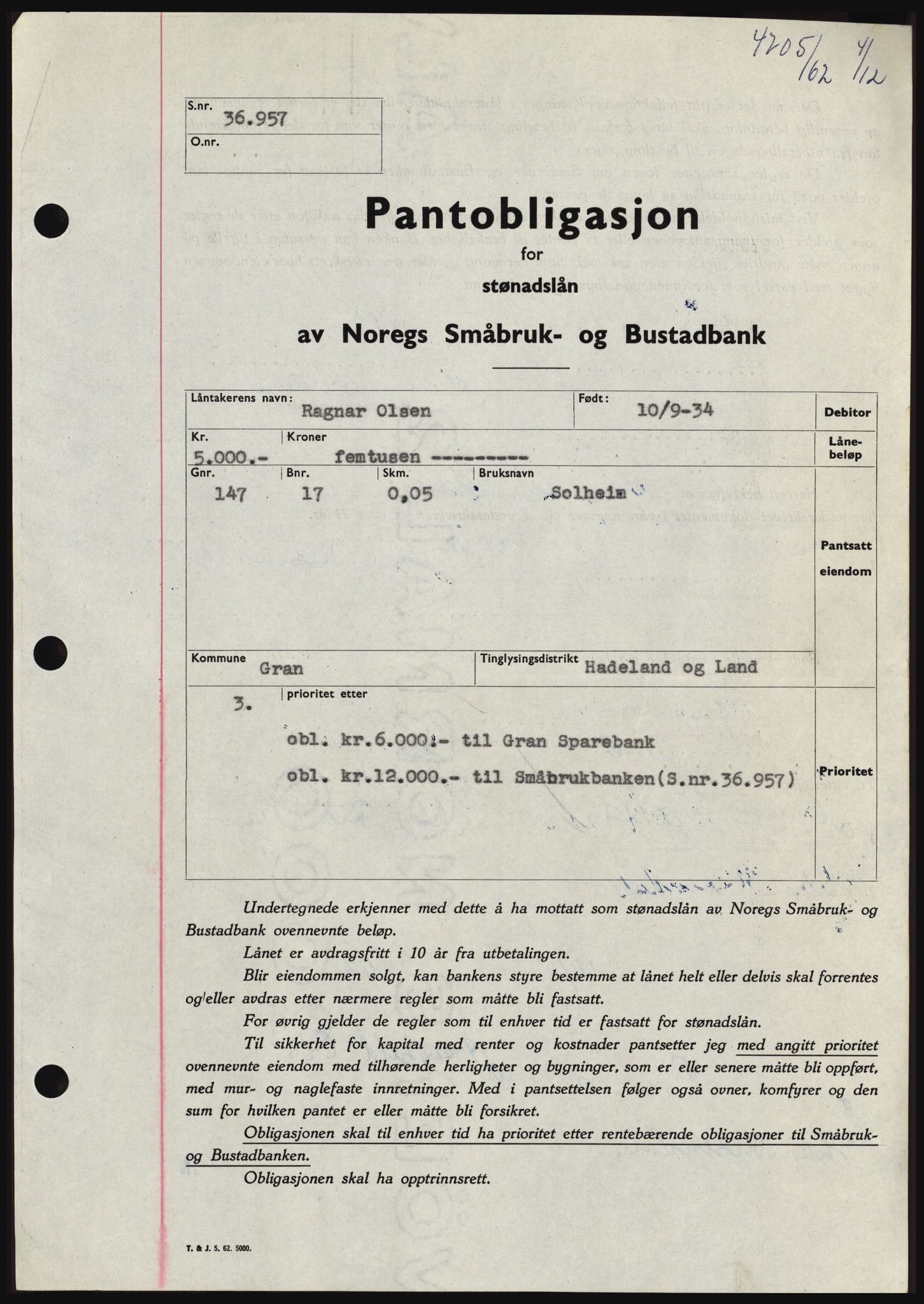 Hadeland og Land tingrett, SAH/TING-010/H/Hb/Hbc/L0050: Pantebok nr. B50, 1962-1963, Dagboknr: 4705/1962