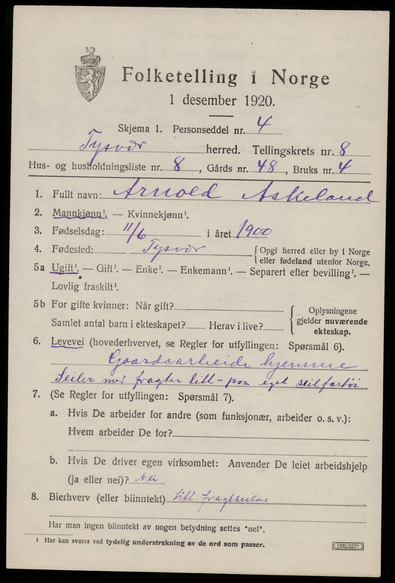 SAST, Folketelling 1920 for 1146 Tysvær herred, 1920, s. 3162