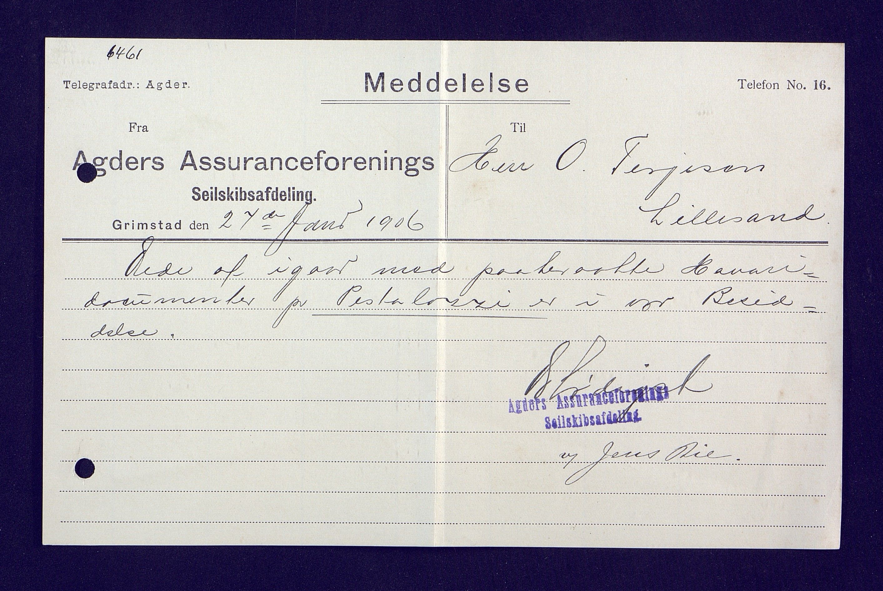 O. Terjesens rederi, AAKS/PA-2525/E/E01/L0015: Korrespondanse, 1906