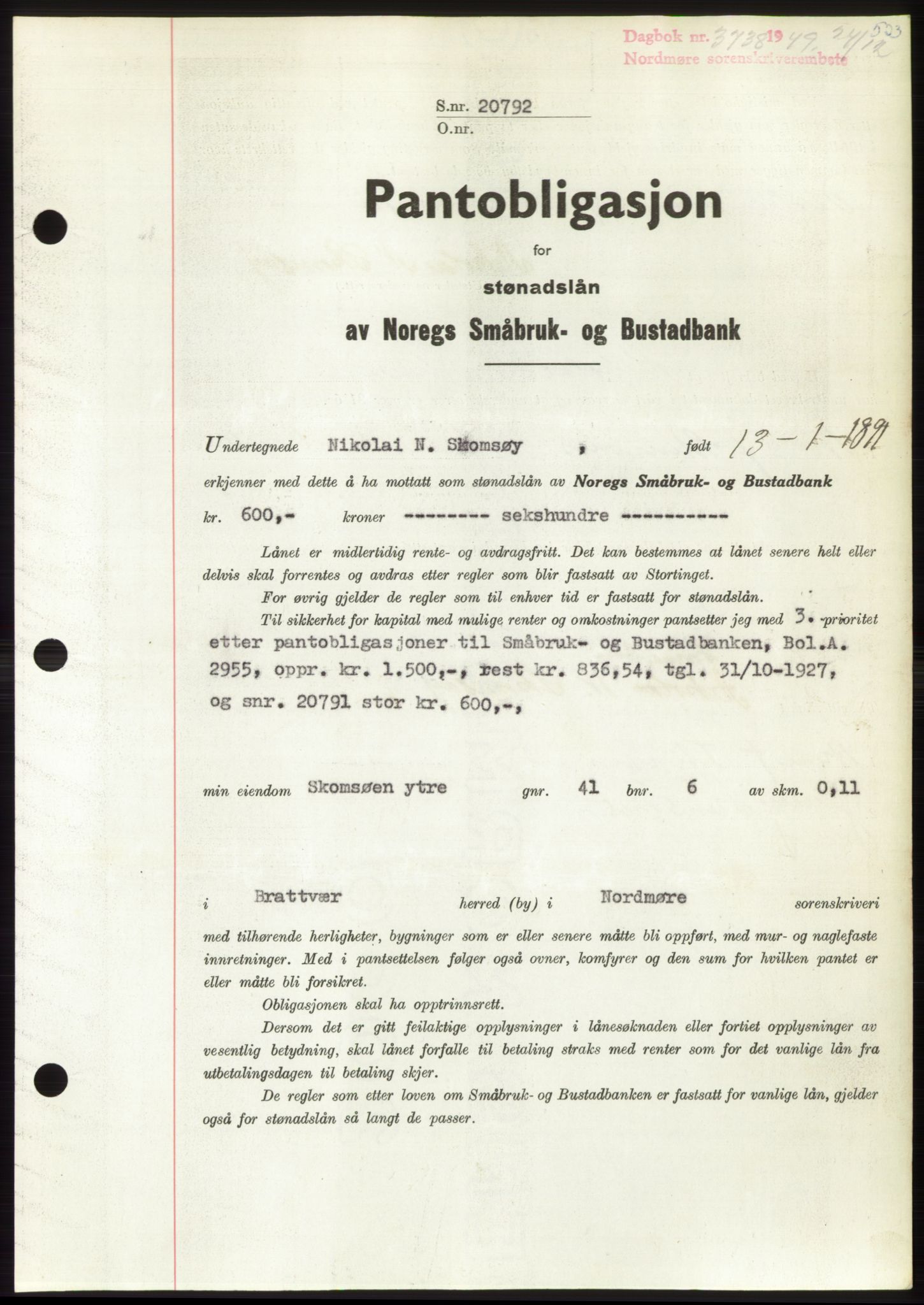 Nordmøre sorenskriveri, SAT/A-4132/1/2/2Ca: Pantebok nr. B103, 1949-1950, Dagboknr: 3738/1949