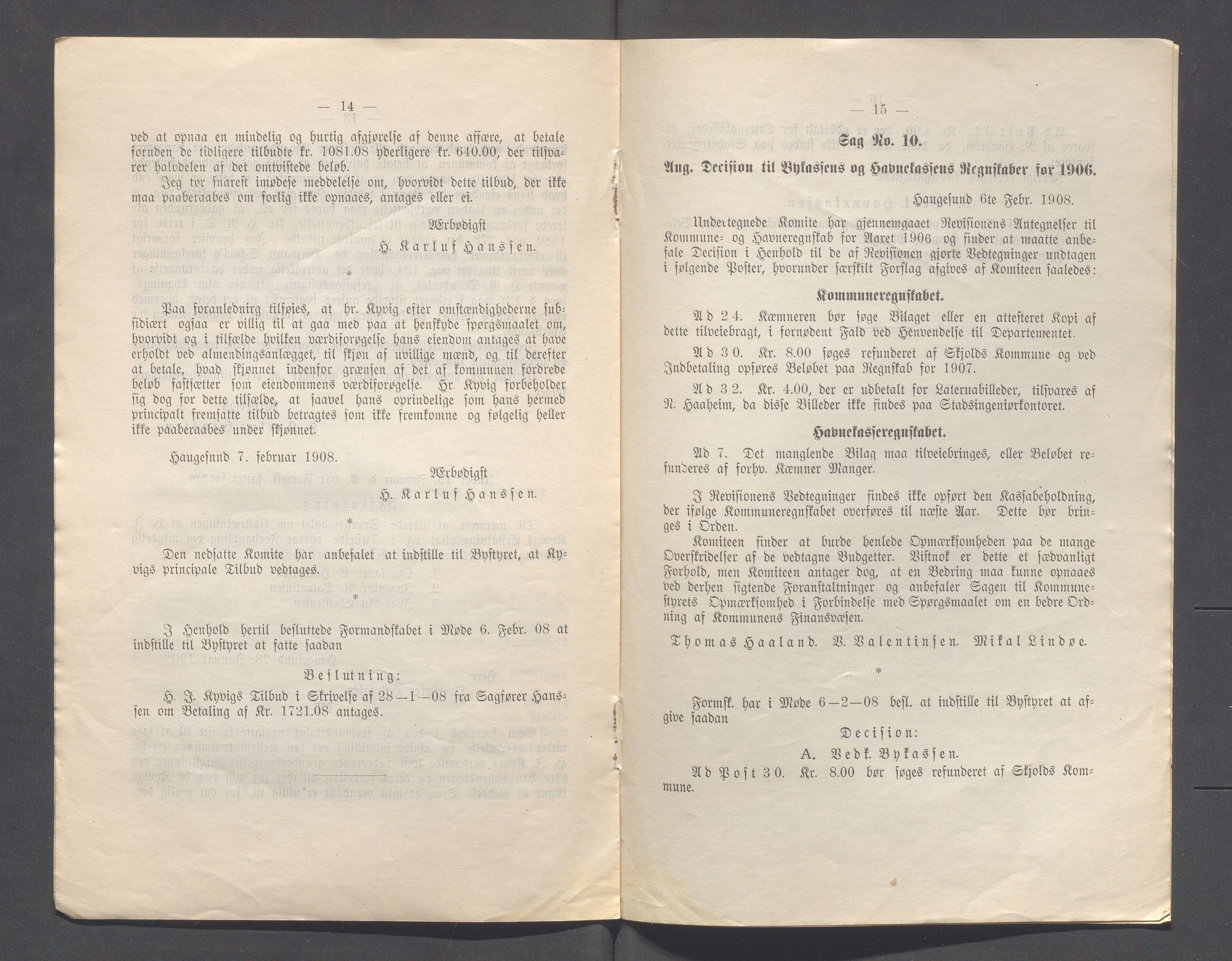 Haugesund kommune - Formannskapet og Bystyret, IKAR/A-740/A/Abb/L0002: Bystyreforhandlinger, 1908-1917, s. 10