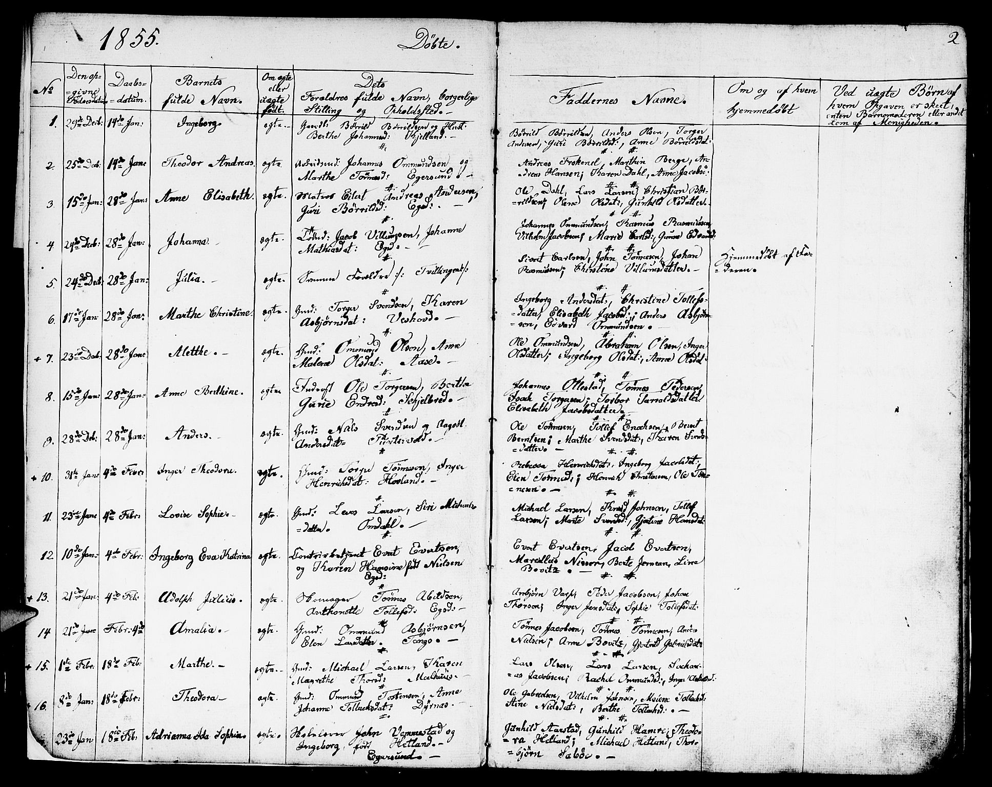 Eigersund sokneprestkontor, AV/SAST-A-101807/S09/L0004: Klokkerbok nr. B 4, 1855-1871, s. 2