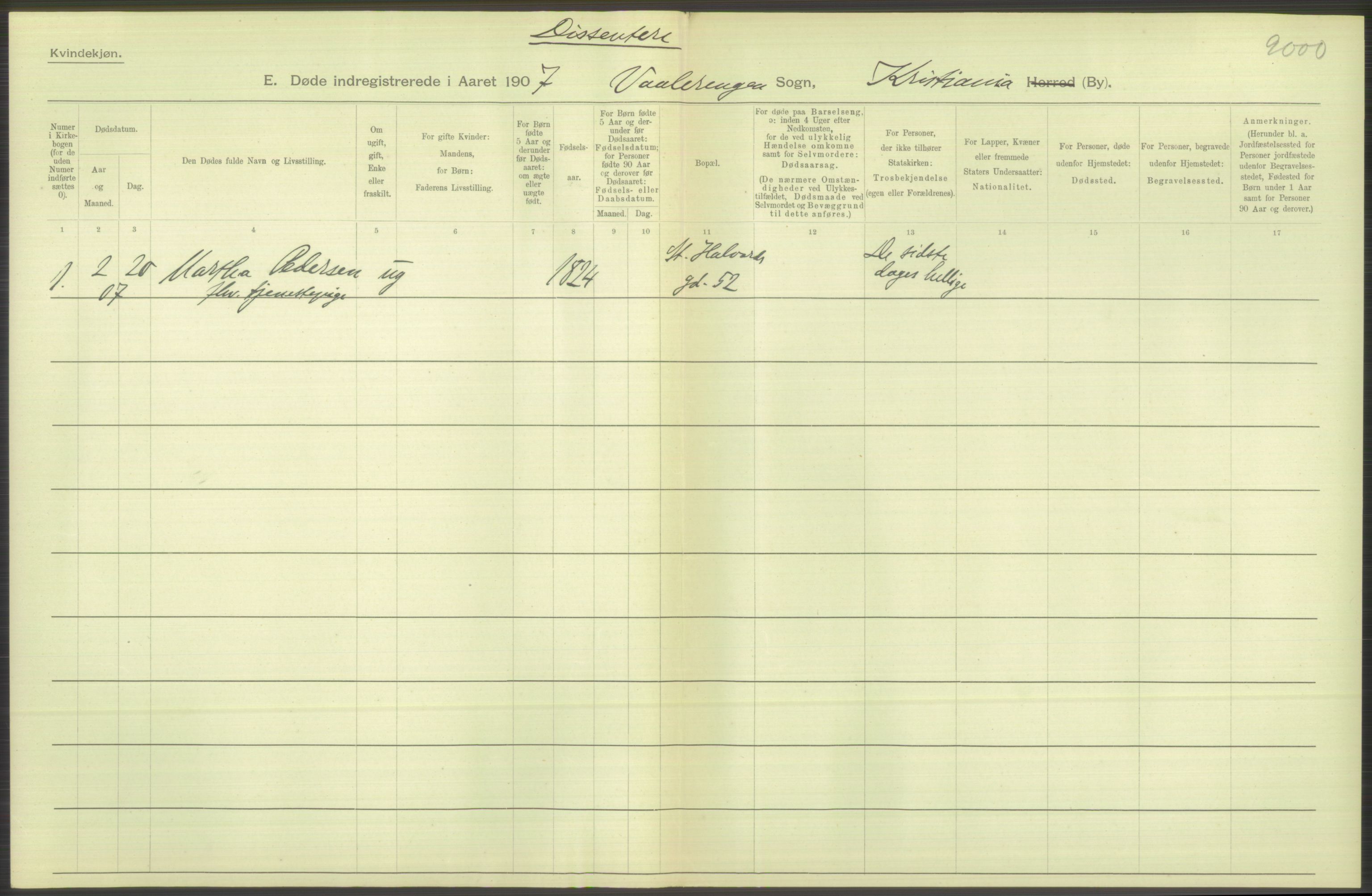 Statistisk sentralbyrå, Sosiodemografiske emner, Befolkning, AV/RA-S-2228/D/Df/Dfa/Dfae/L0009: Kristiania: Døde, 1907, s. 500
