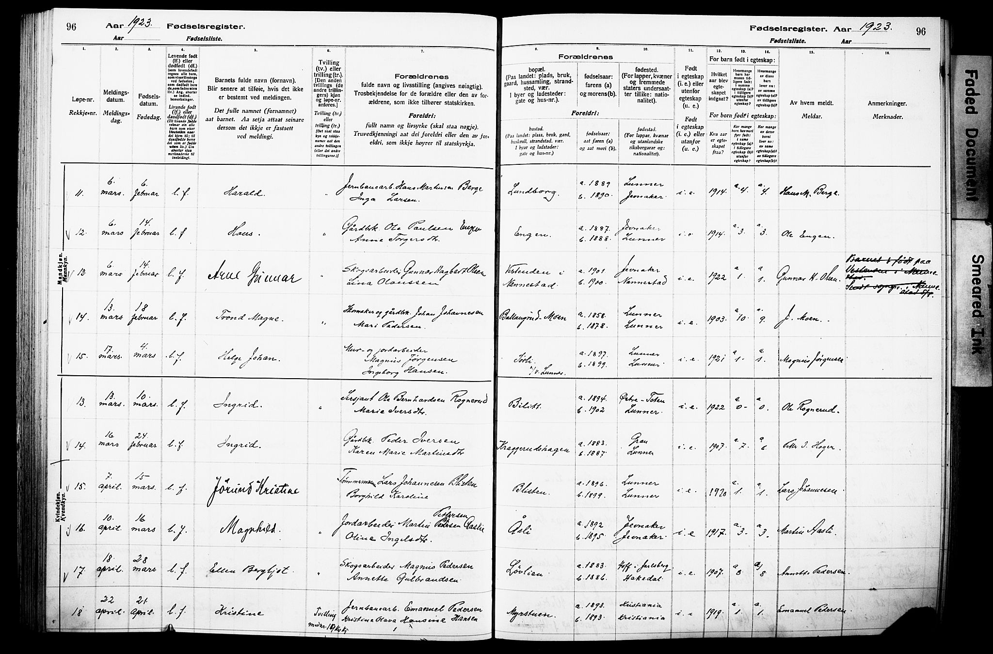 Lunner prestekontor, SAH/PREST-118/I/Id/L0001: Fødselsregister nr. 1, 1916-1932, s. 96