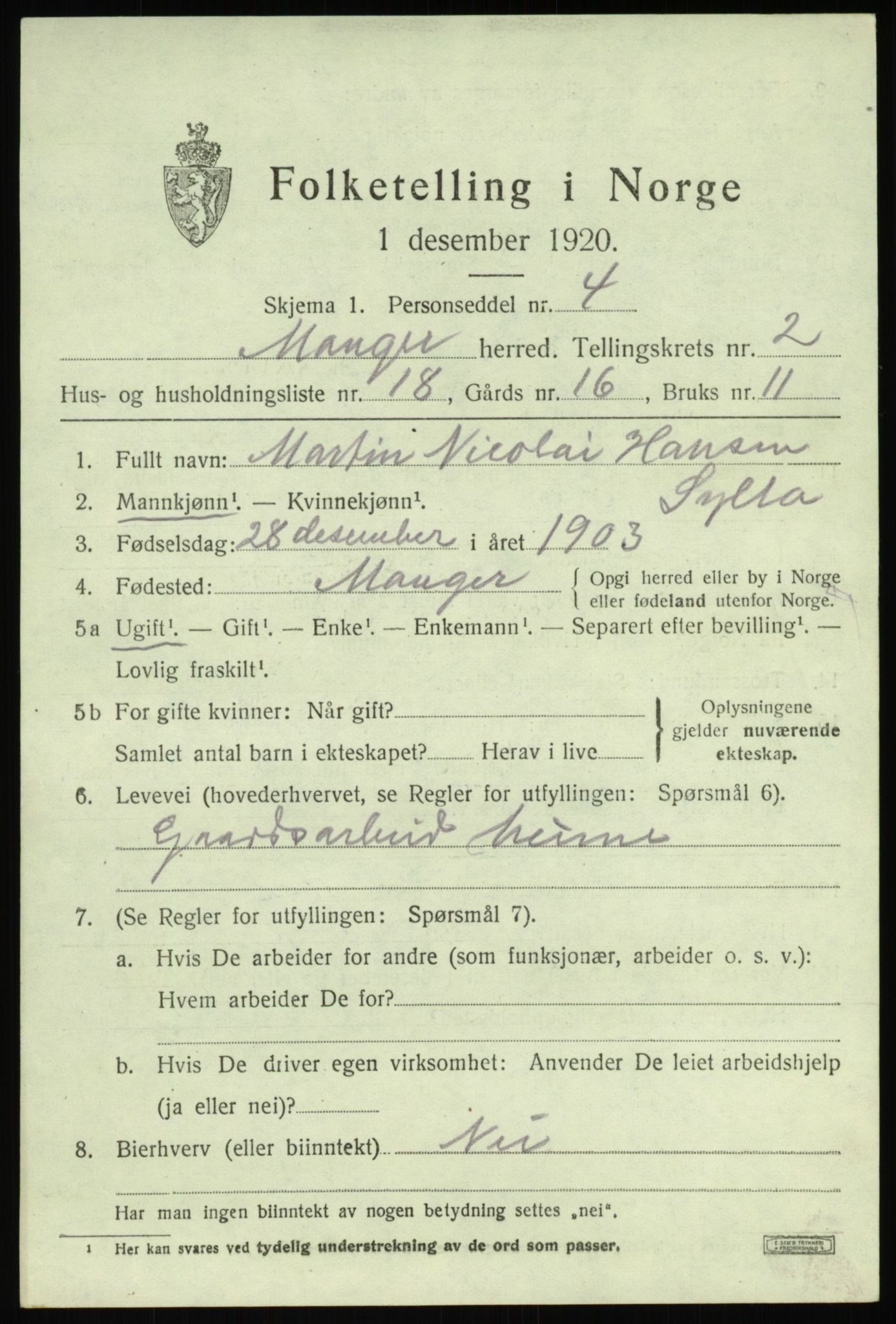 SAB, Folketelling 1920 for 1261 Manger herred, 1920, s. 2193