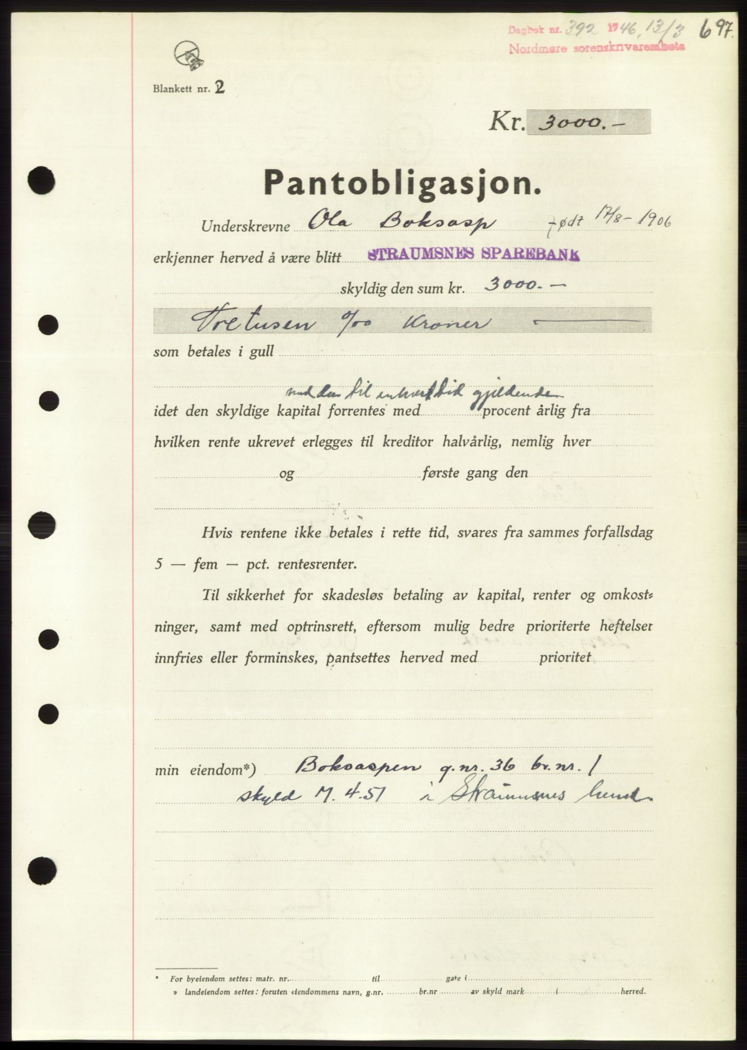 Nordmøre sorenskriveri, SAT/A-4132/1/2/2Ca: Pantebok nr. B93b, 1946-1946, Dagboknr: 392/1946