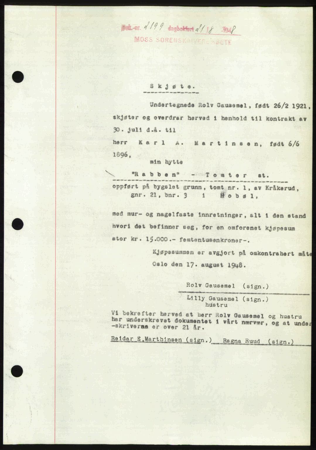 Moss sorenskriveri, SAO/A-10168: Pantebok nr. A20, 1948-1948, Dagboknr: 2199/1948