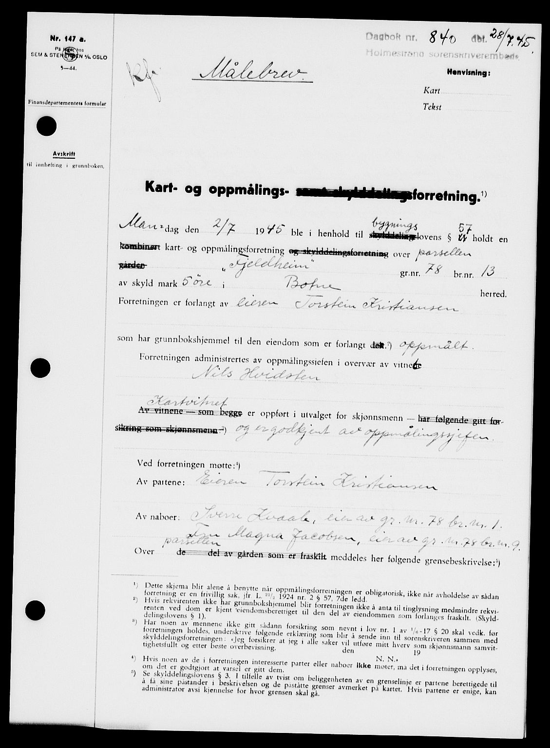 Holmestrand sorenskriveri, SAKO/A-67/G/Ga/Gaa/L0059: Pantebok nr. A-59, 1945-1946, Dagboknr: 840/1945