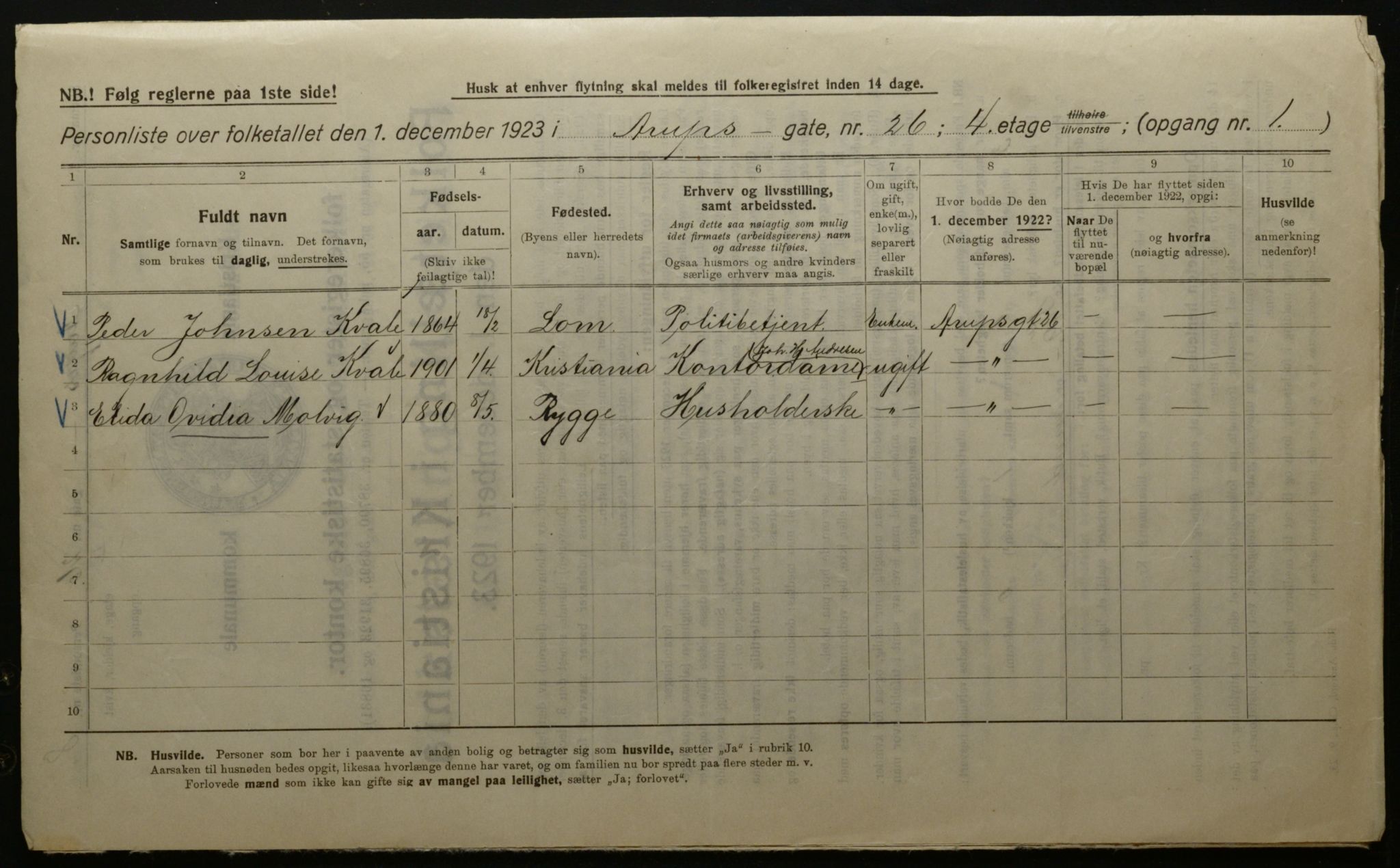 OBA, Kommunal folketelling 1.12.1923 for Kristiania, 1923, s. 3143