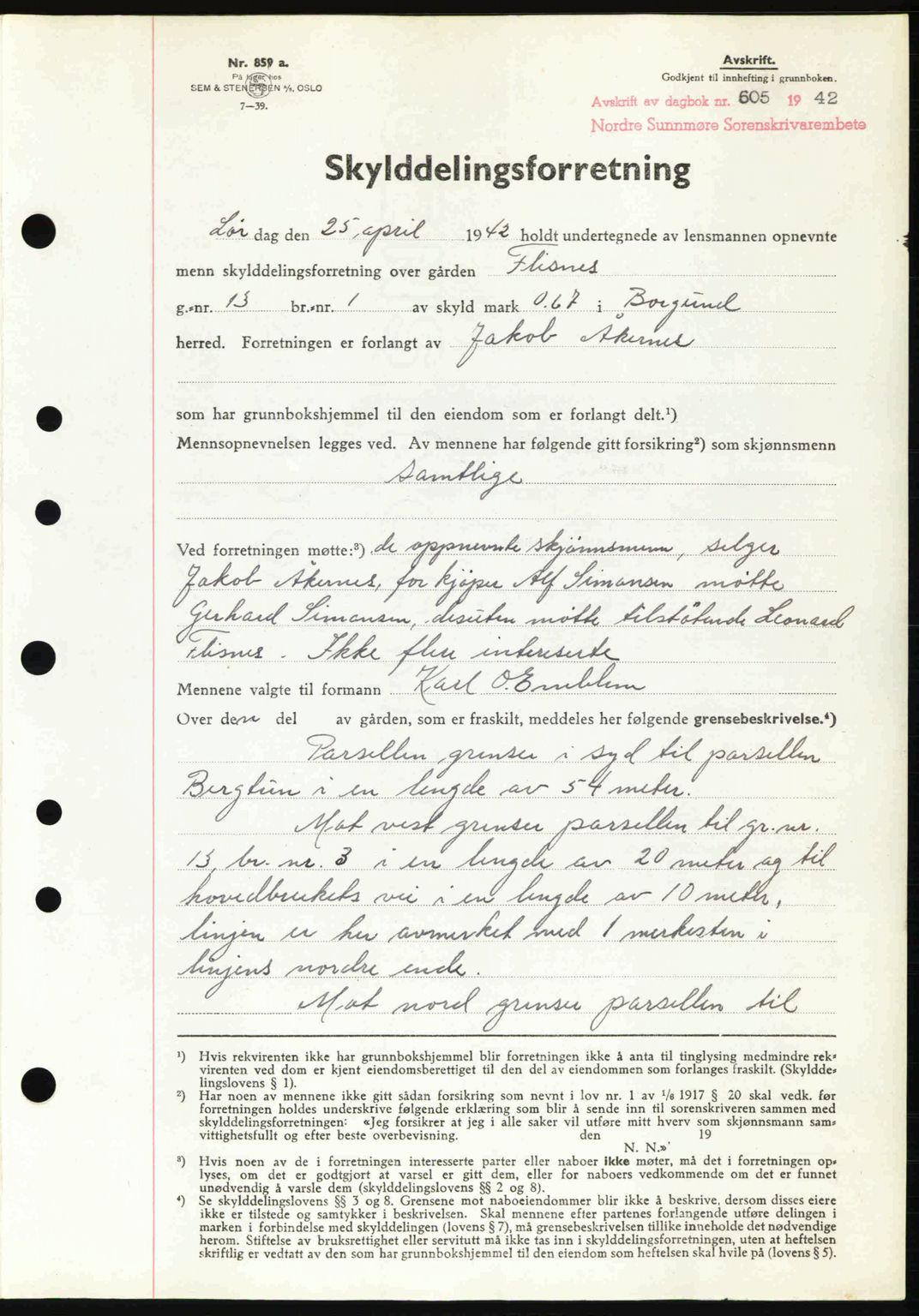 Nordre Sunnmøre sorenskriveri, AV/SAT-A-0006/1/2/2C/2Ca: Pantebok nr. A13, 1942-1942, Dagboknr: 605/1942