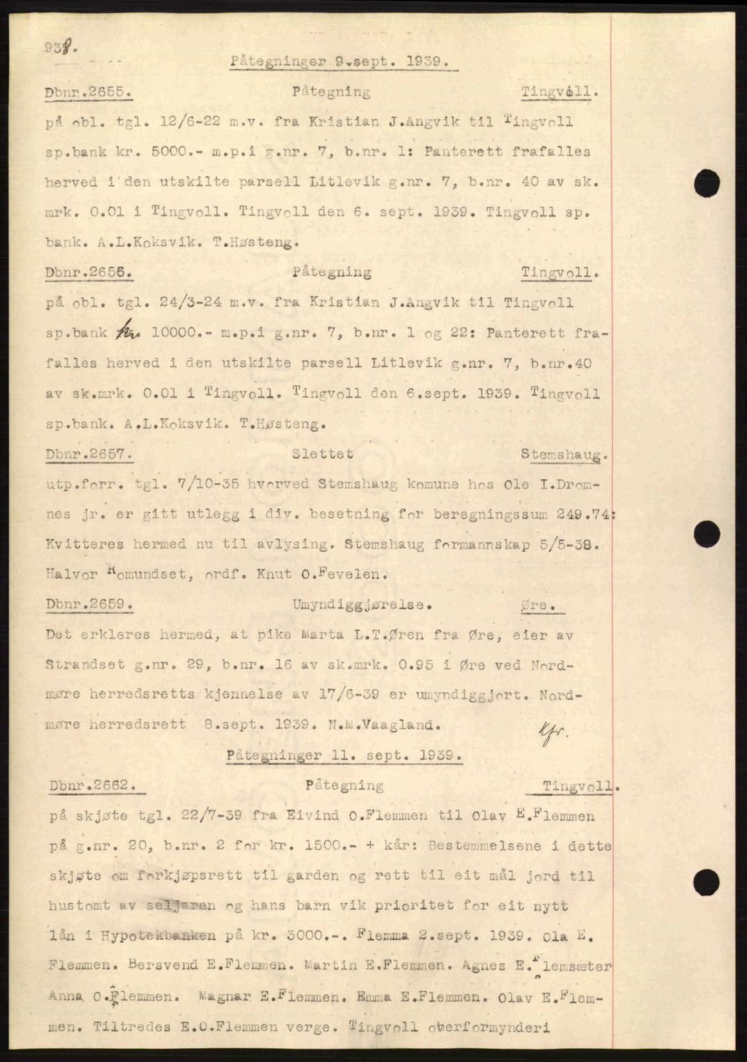 Nordmøre sorenskriveri, SAT/A-4132/1/2/2Ca: Pantebok nr. C80, 1936-1939, Dagboknr: 2655/1939