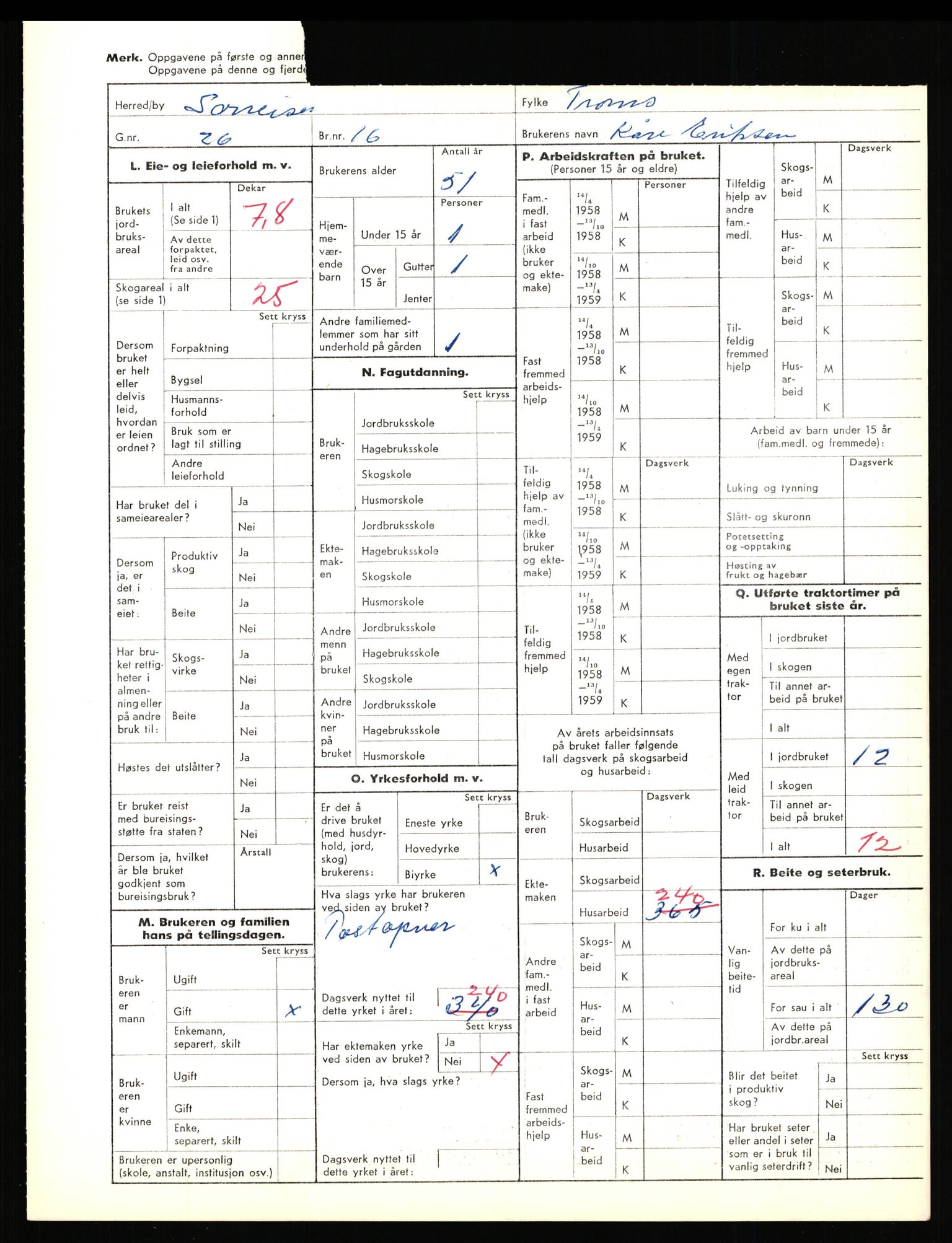 Statistisk sentralbyrå, Næringsøkonomiske emner, Jordbruk, skogbruk, jakt, fiske og fangst, AV/RA-S-2234/G/Gd/L0656: Troms: 1924 Målselv (kl. 0-3) og 1925 Sørreisa, 1959, s. 1387