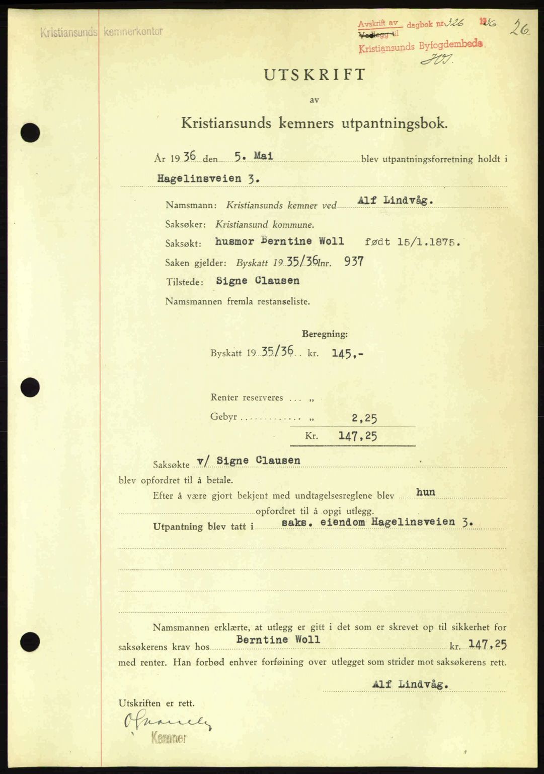 Kristiansund byfogd, SAT/A-4587/A/27: Pantebok nr. 29, 1936-1937, Dagboknr: 326/1936