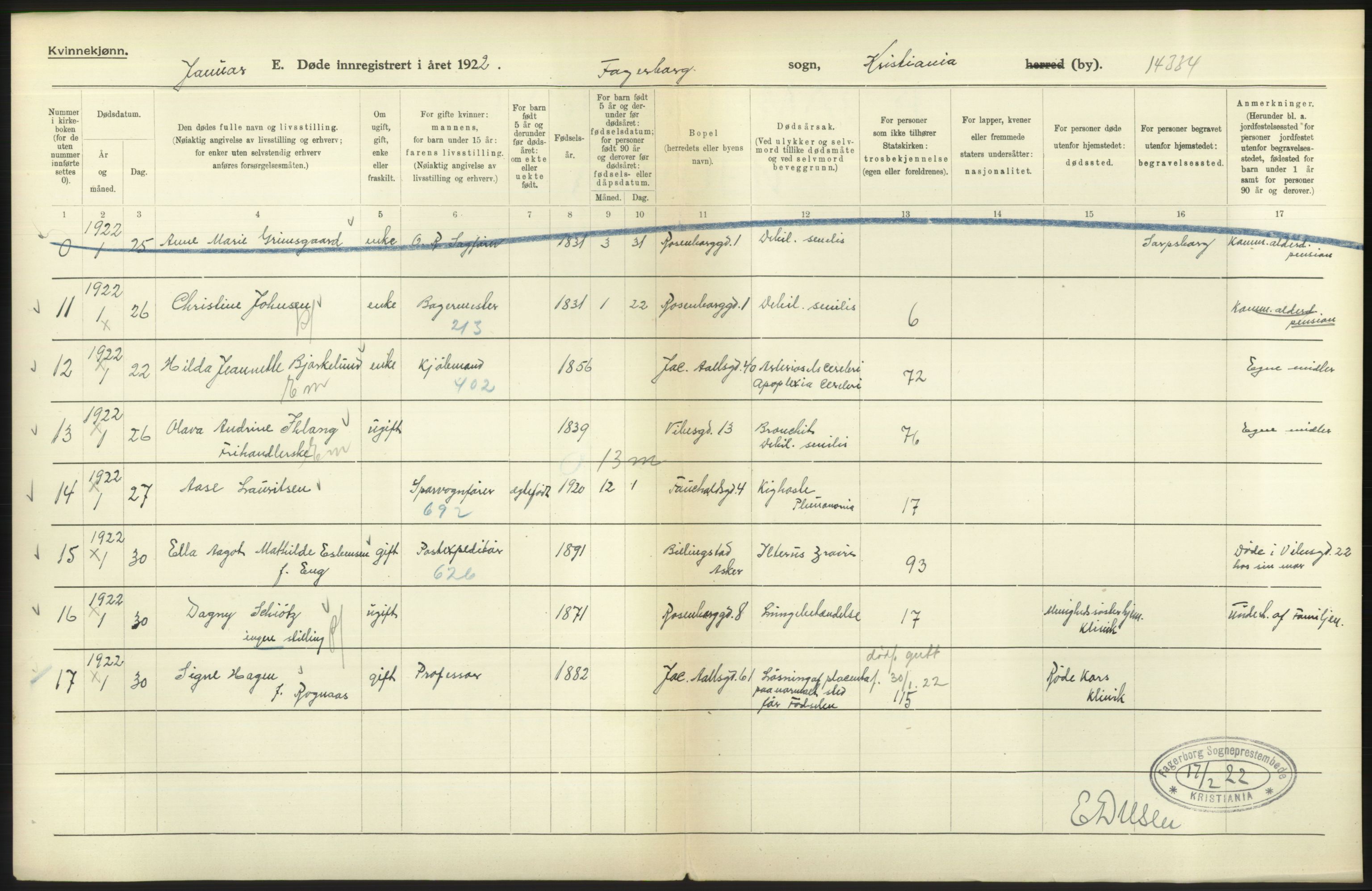 Statistisk sentralbyrå, Sosiodemografiske emner, Befolkning, AV/RA-S-2228/D/Df/Dfc/Dfcb/L0009: Kristiania: Døde, 1922, s. 330