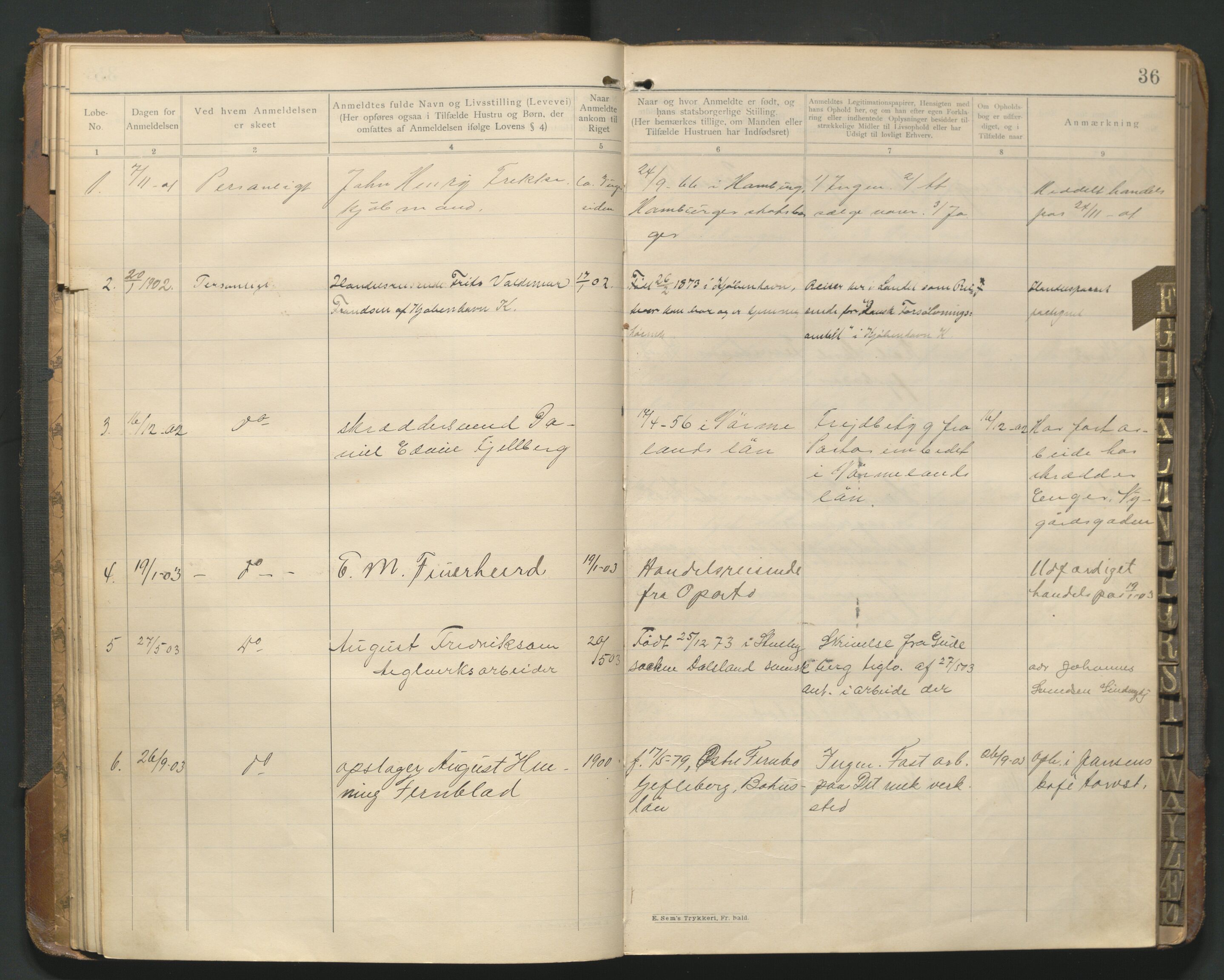 Fredrikstad politikammer, AV/SAO-A-10055/H/Hb/Hba/L0001: Protokoll over fremmede statsborgere, 1901-1916, s. 35b-36a